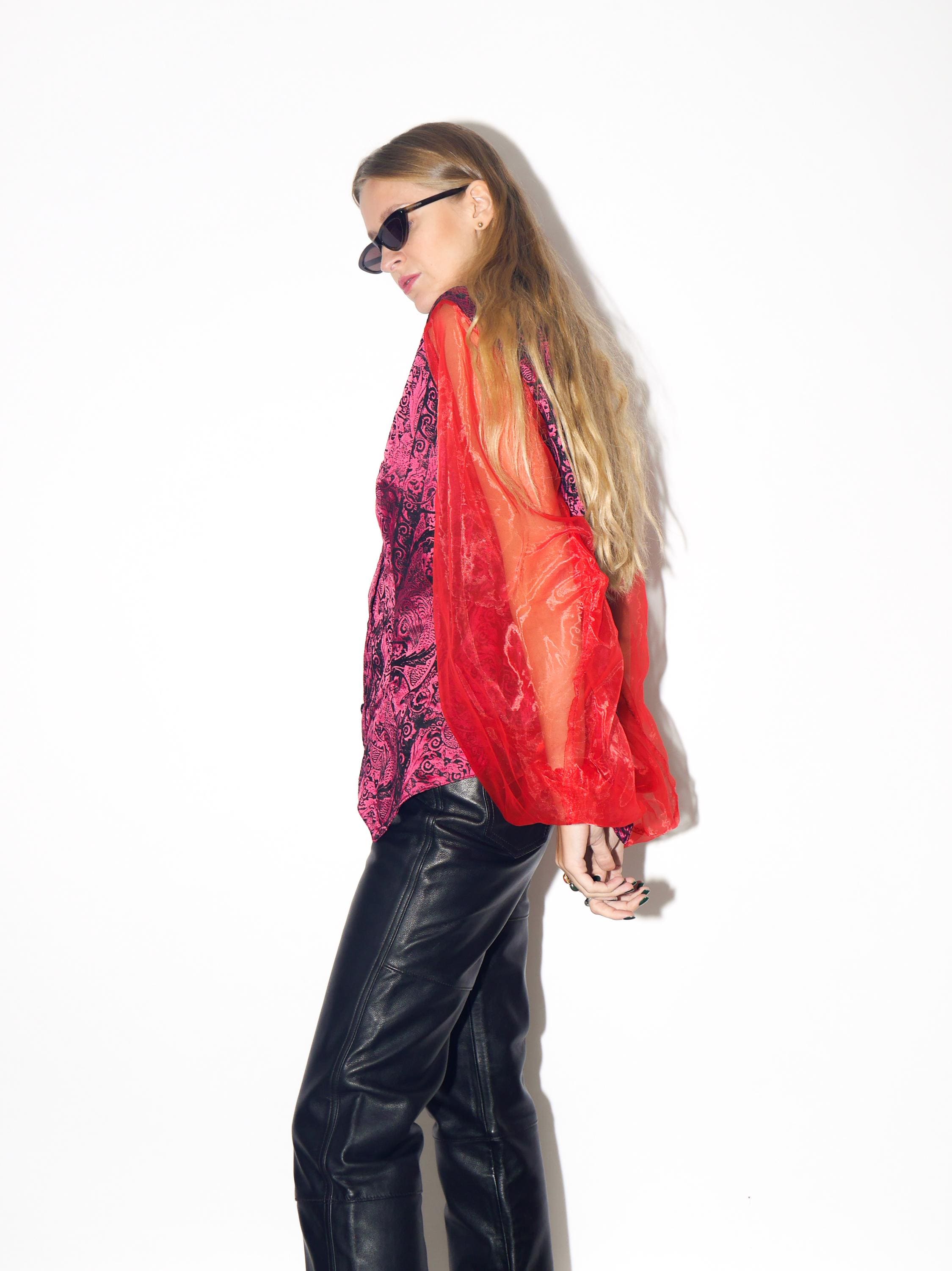 VINTAGE Black And Pink Velvet Oversized Blouse With Sheer Red Sleeves From The 1980s By Fiorina