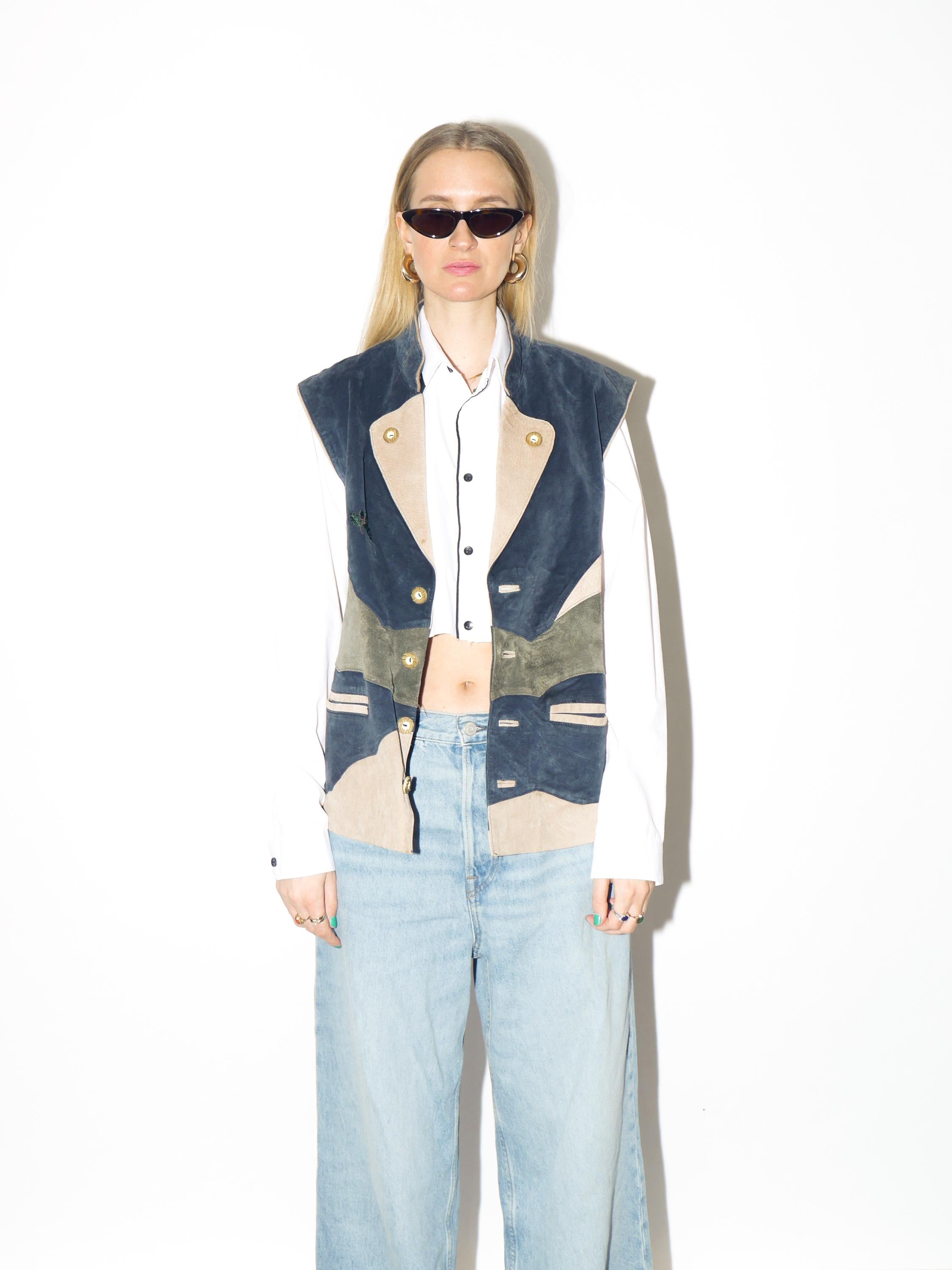 VINTAGE suede Bavarian vest from 1980s | leather Tyrol navy, cream waistcoat
