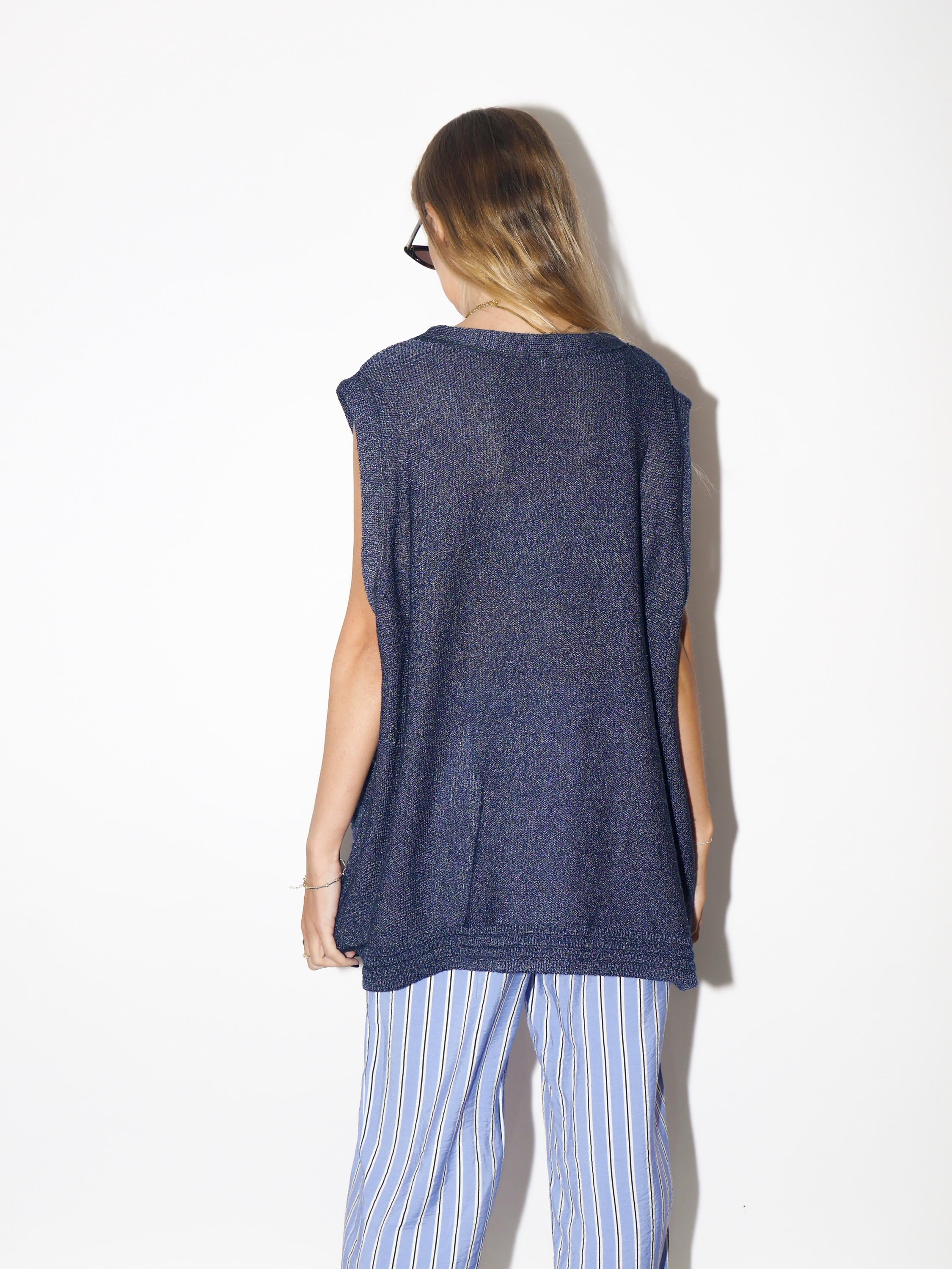 VINTAGE Blue Cottagecore Knitted Oversized Vest With Floral Pockets From The 1980s