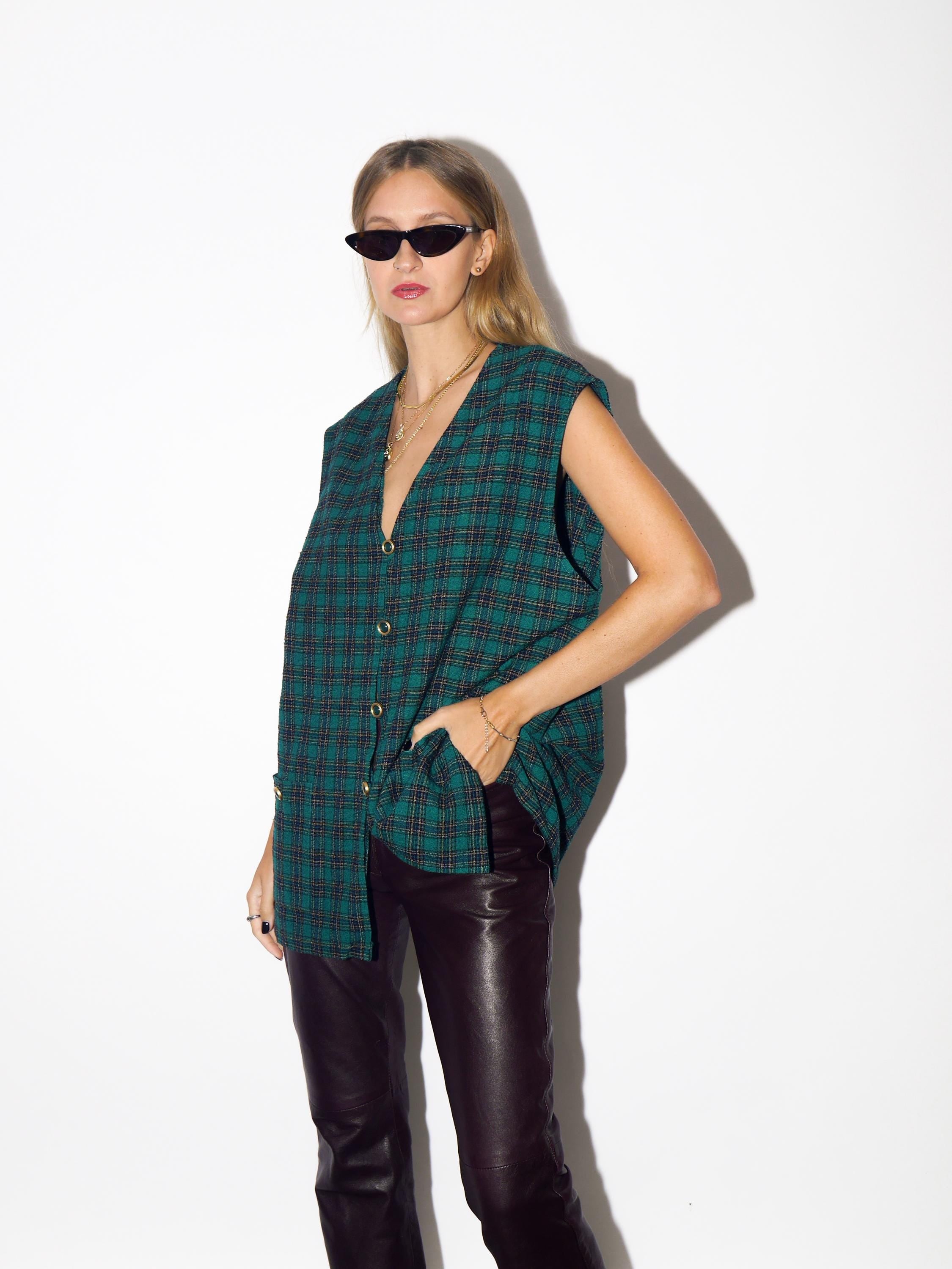 VINTAGE Green Wool Checked Oversized Vest From 1980s With Decorative Buttons By Delmod International