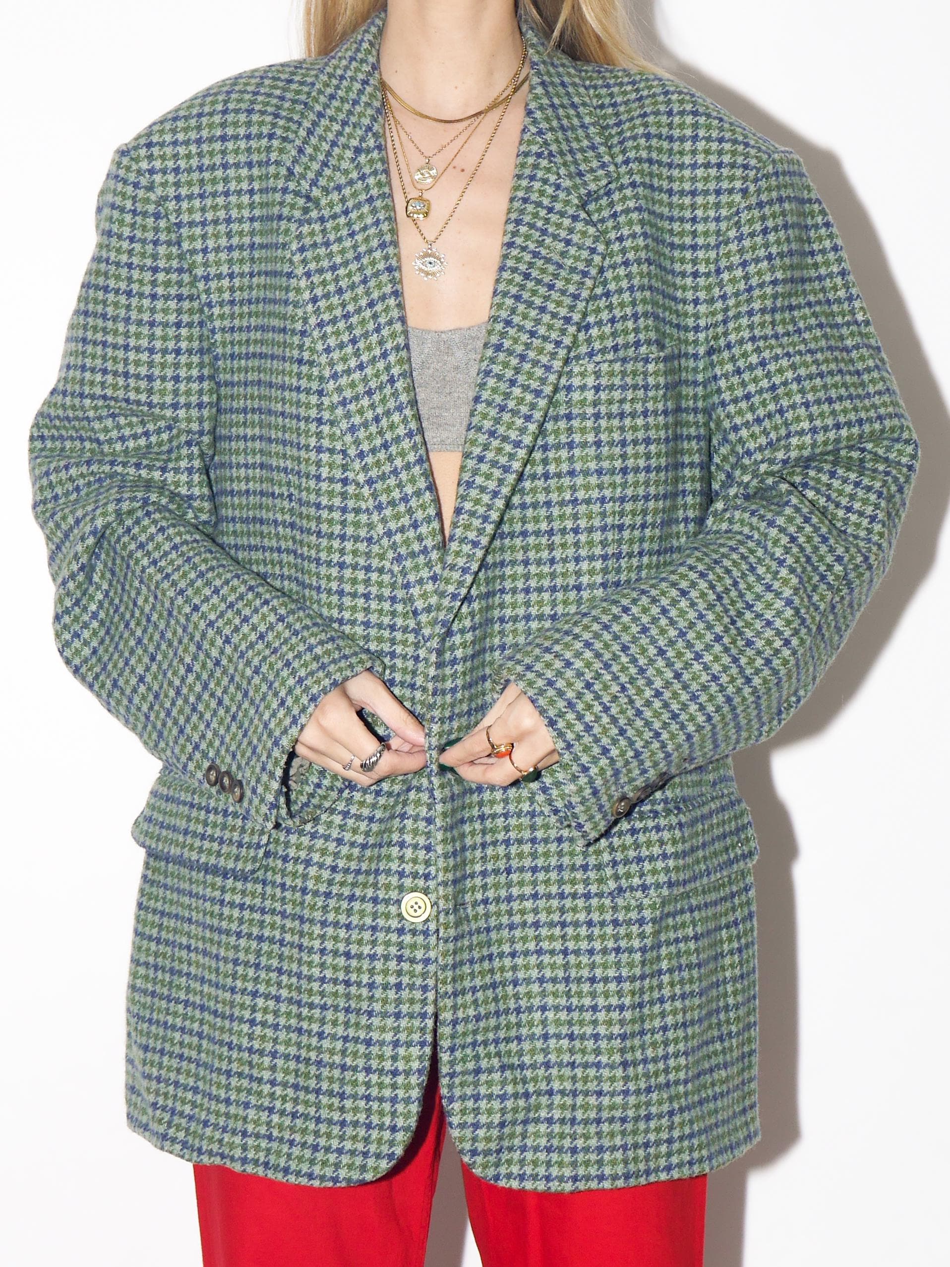 VINTAGE Wool Oversized Green And Gray Houndstooth Blazer From The 1980s
