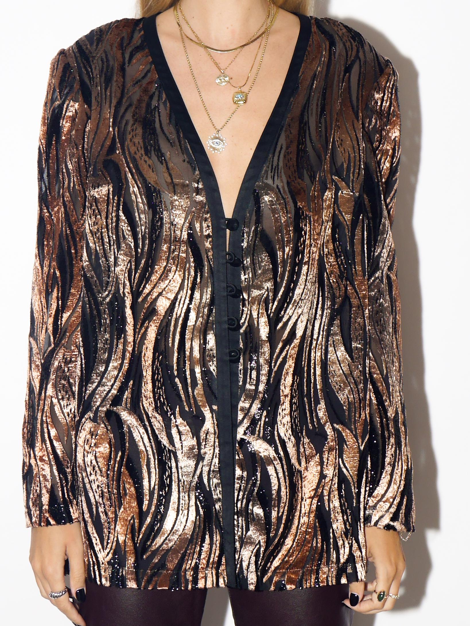 VINTAGE Black And Beige Zebra Print Long Sleeve Blouse From 1980s With Shoulder Pads By Delmod International