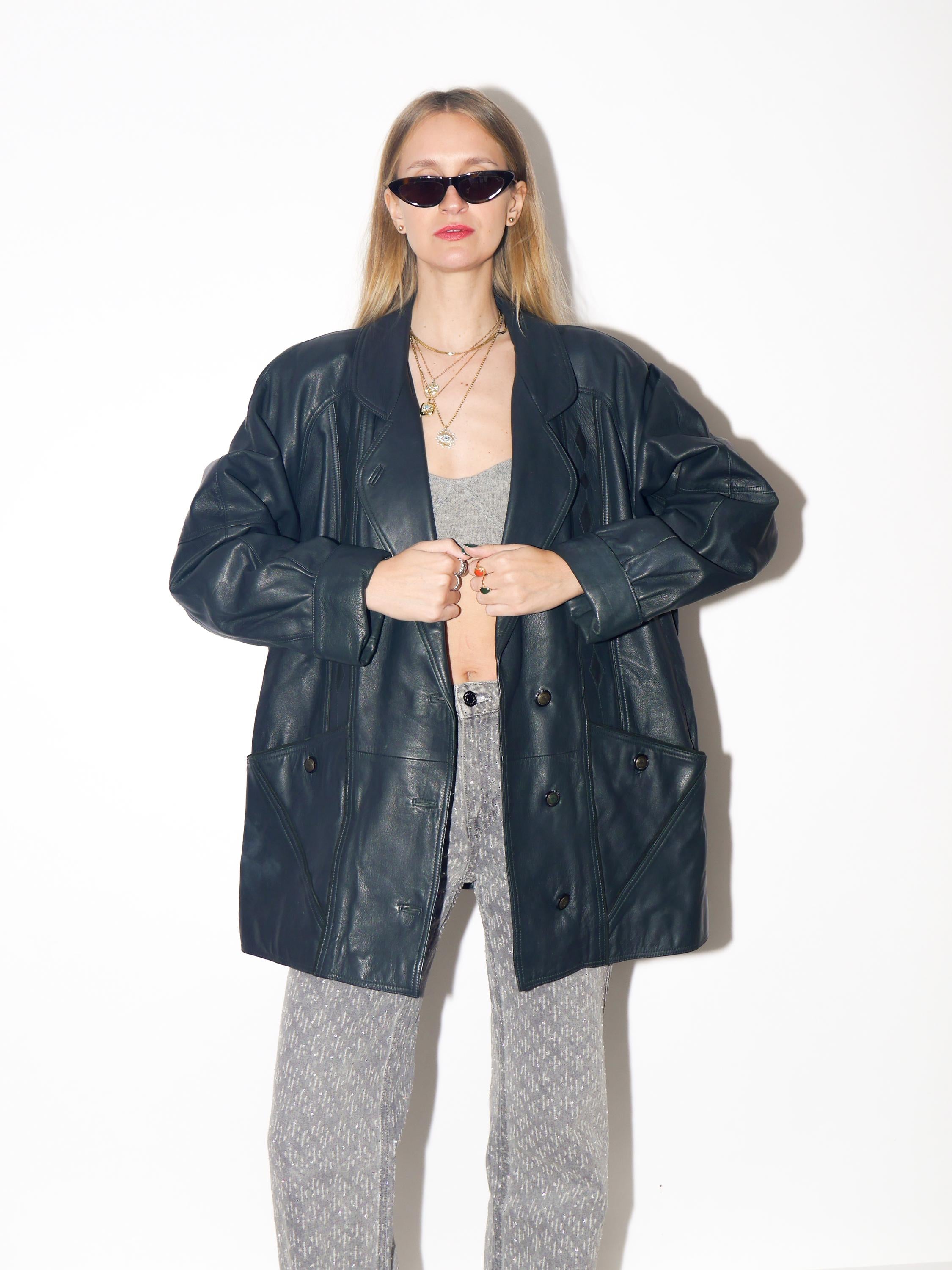 VINTAGE Dark Green Leather Jacket From The 1980s