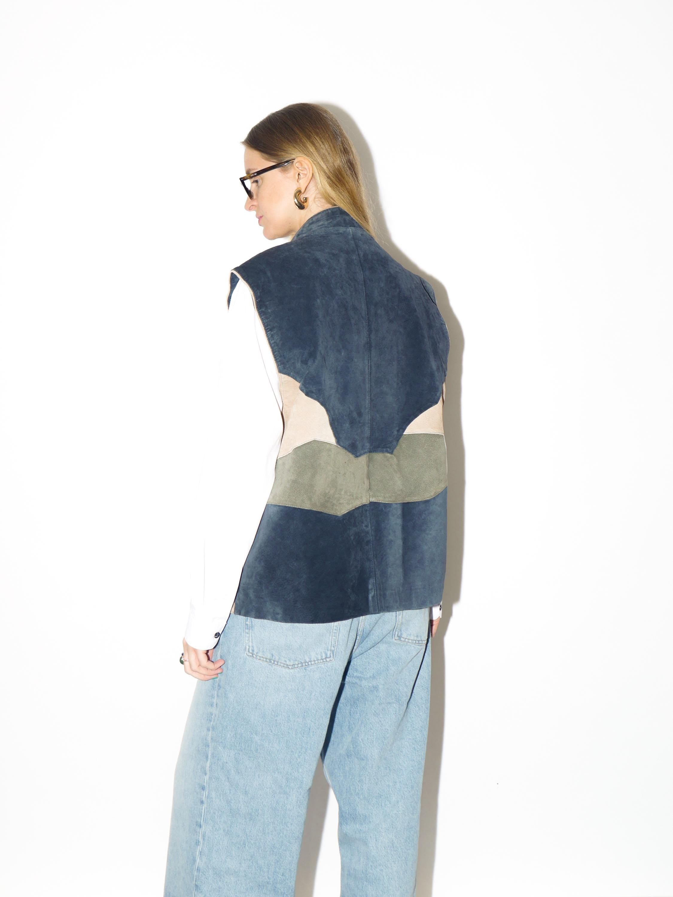 VINTAGE suede Bavarian vest from 1980s | leather Tyrol navy, cream waistcoat