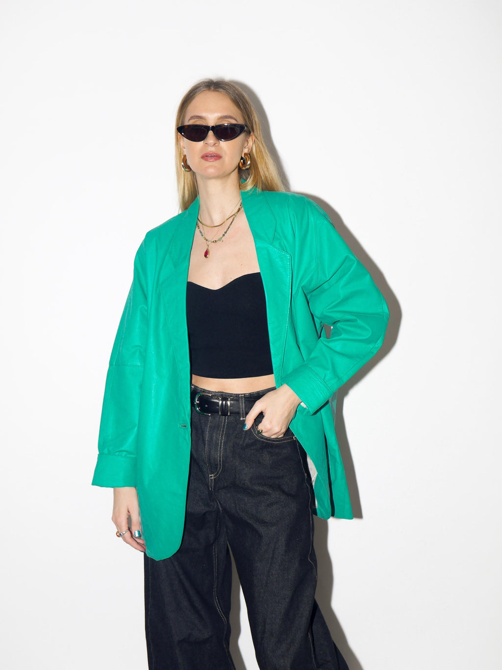 VINTAGE green leather jacket from 1980s, retro oversize green leather blazer