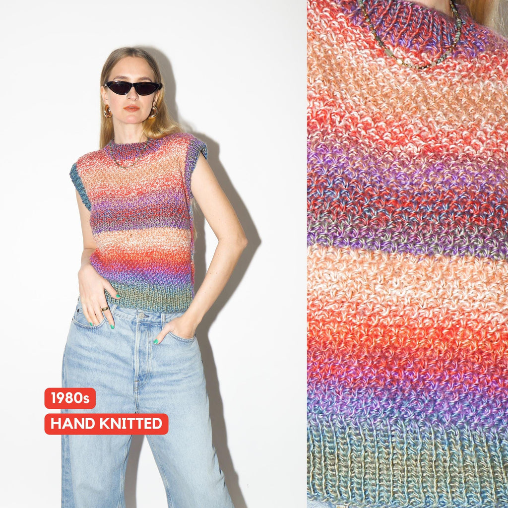 VINTAGE Rainbow Hand Knitted Vest from 1980s