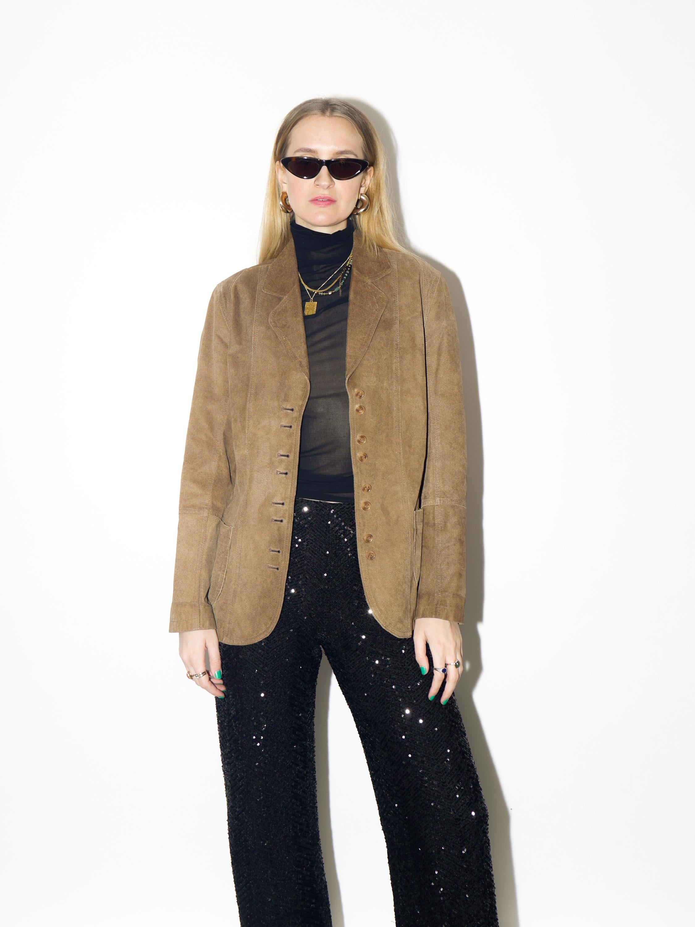 VINTAGE suede blazer from 1990s | beige suede leather jacket with embroidery