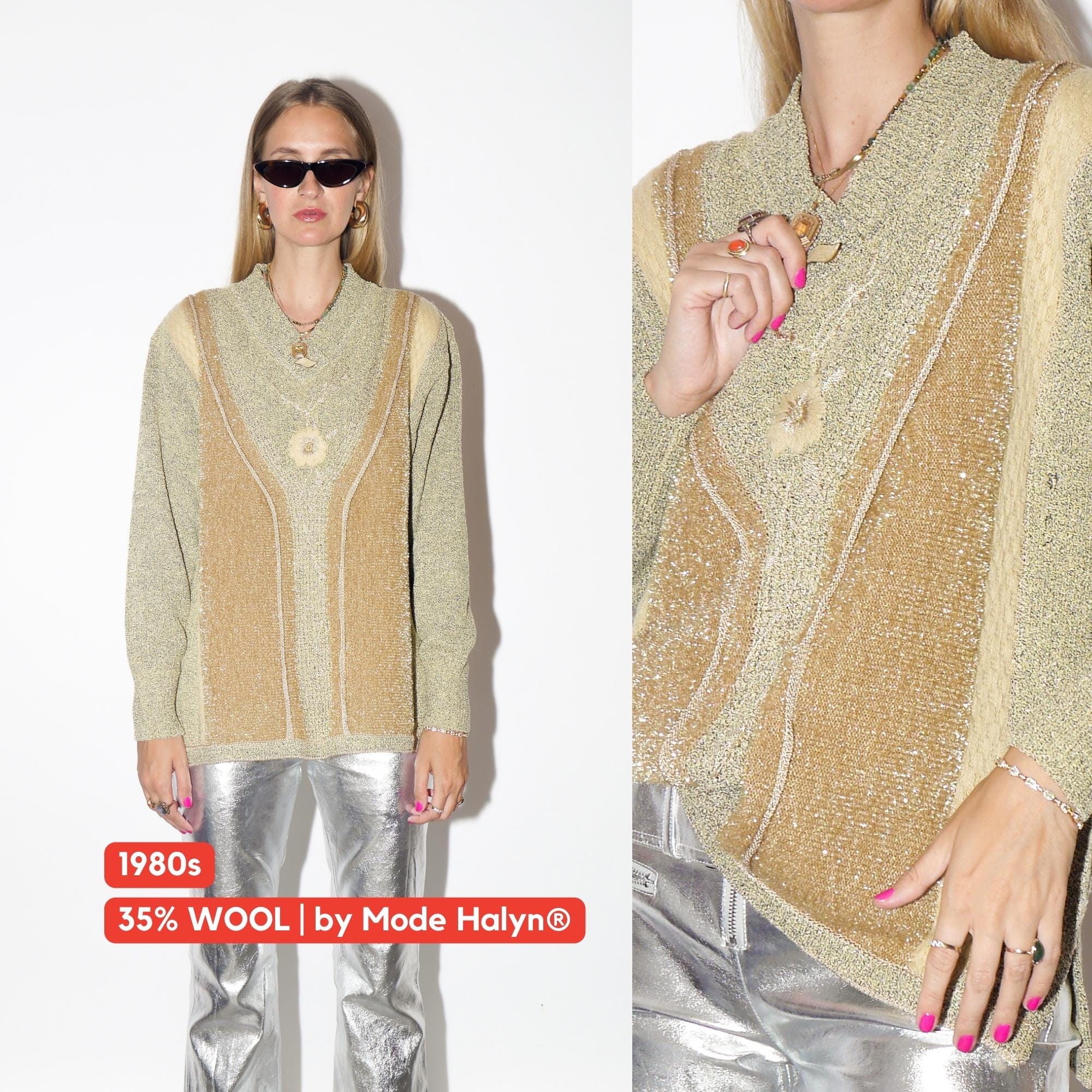 VINTAGE Wool Beige And Green Oversized Sweater With Beaded Floral Embroidery And Gold Thread From The 1980s By Mode Halyn