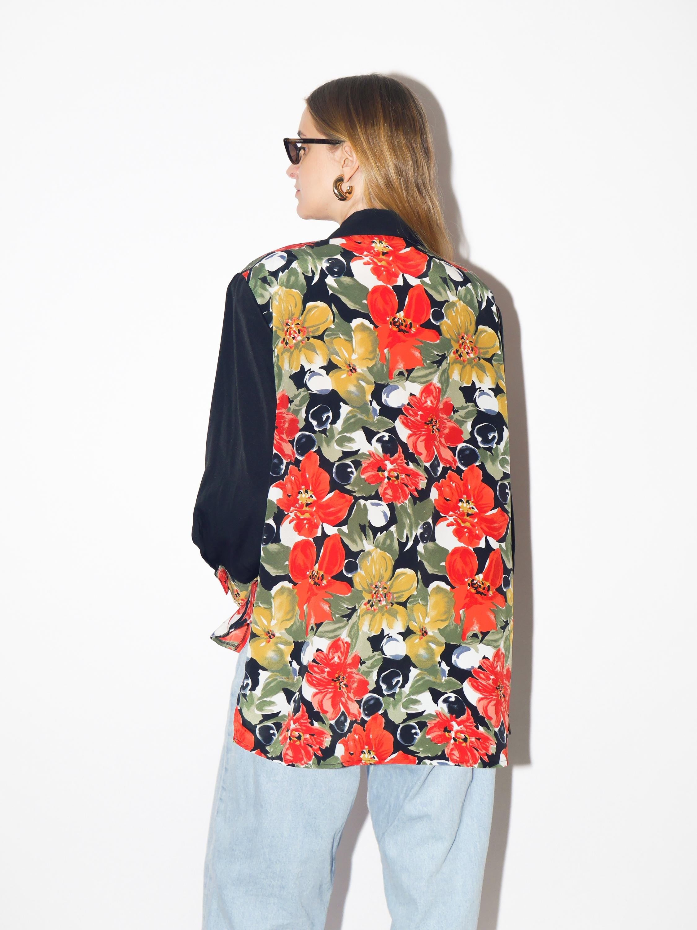 VINTAGE floral blouse from 1980s by Chris B® with black sleeves & shoulder pads