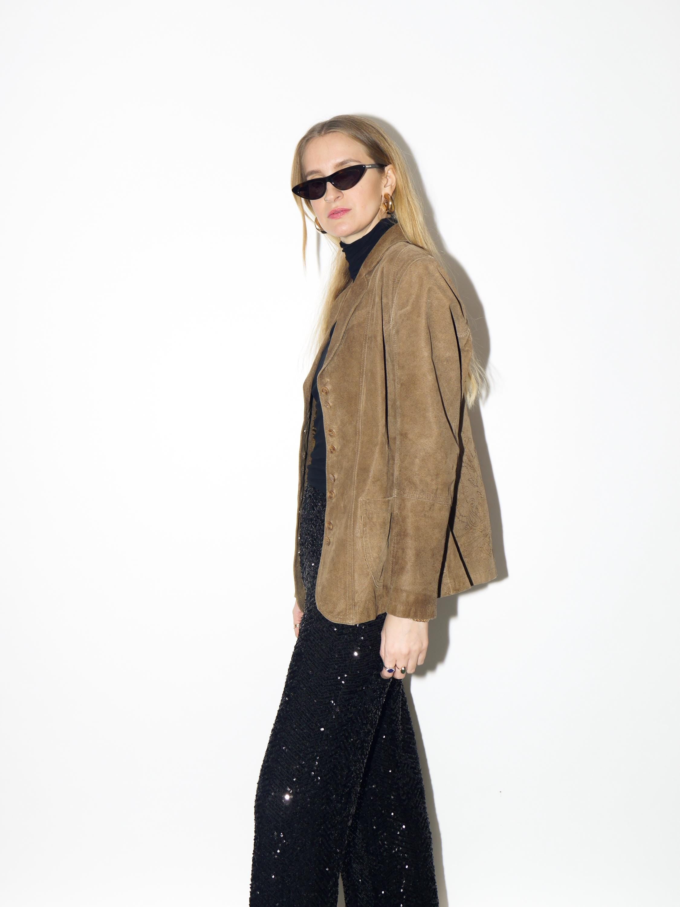 VINTAGE suede blazer from 1990s | beige suede leather jacket with embroidery