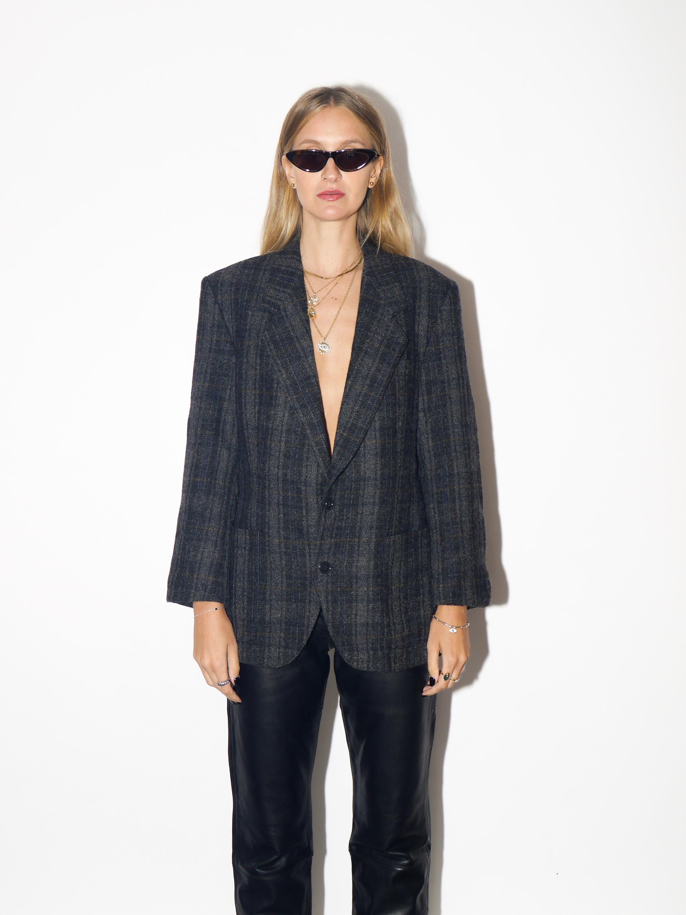 VINTAGE Black And Grey Checked Wool Blazer From The 1980s Made In Western Germany