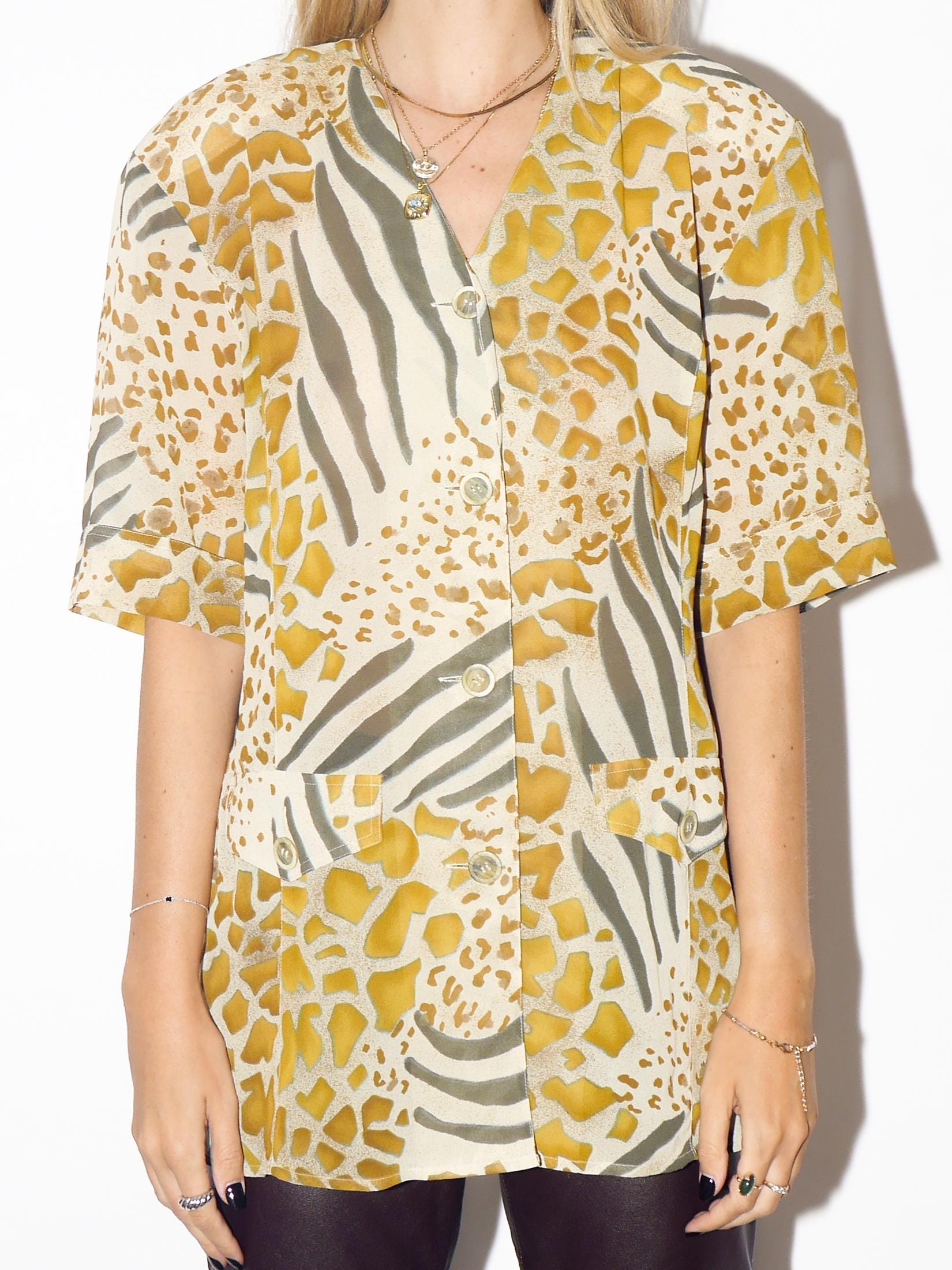 VINTAGE Cream And Mustard Animal Print Blouse From 1980s With Shoulder Pads By Yarell
