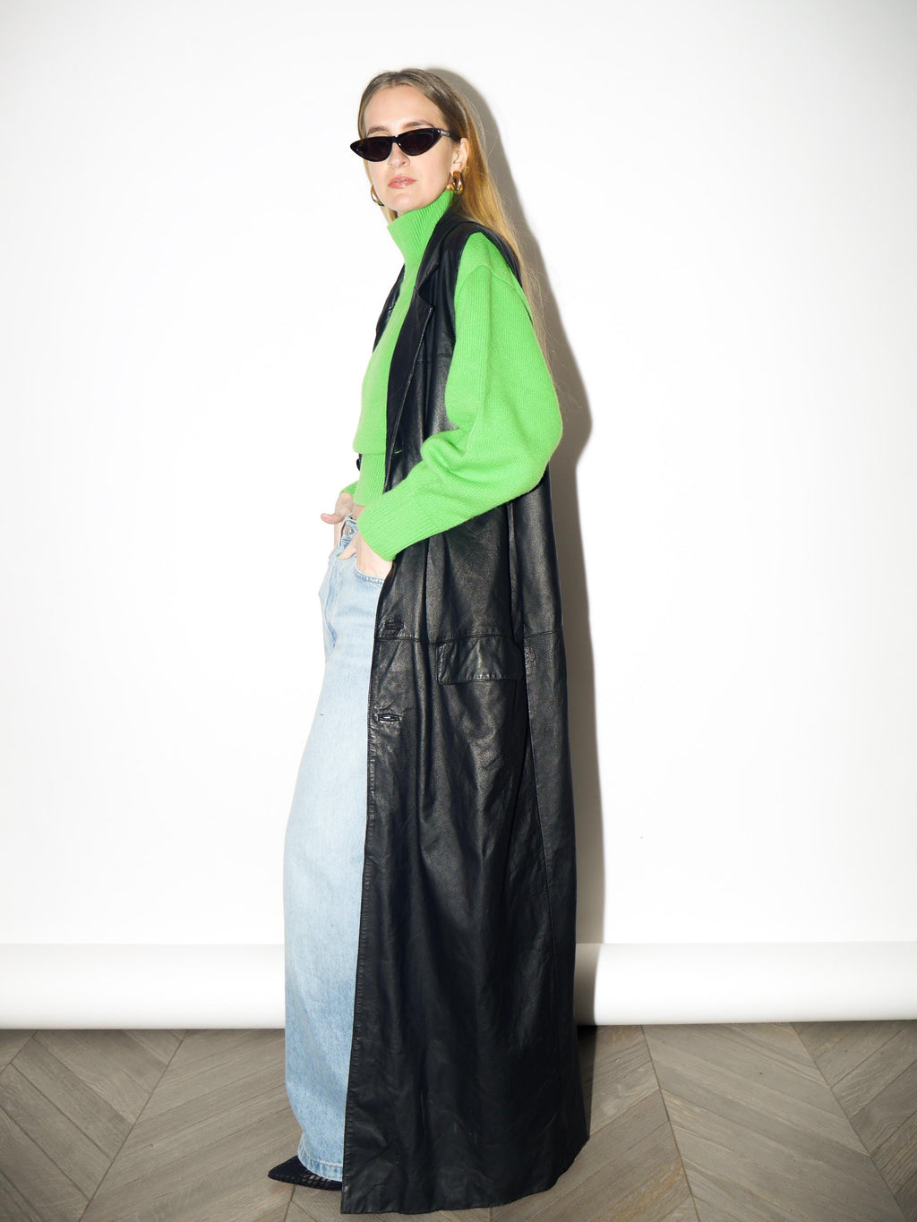 VINTAGE Black Maxi Leather Vest from 1980s | Matrix Style Long Leather Waistcoat