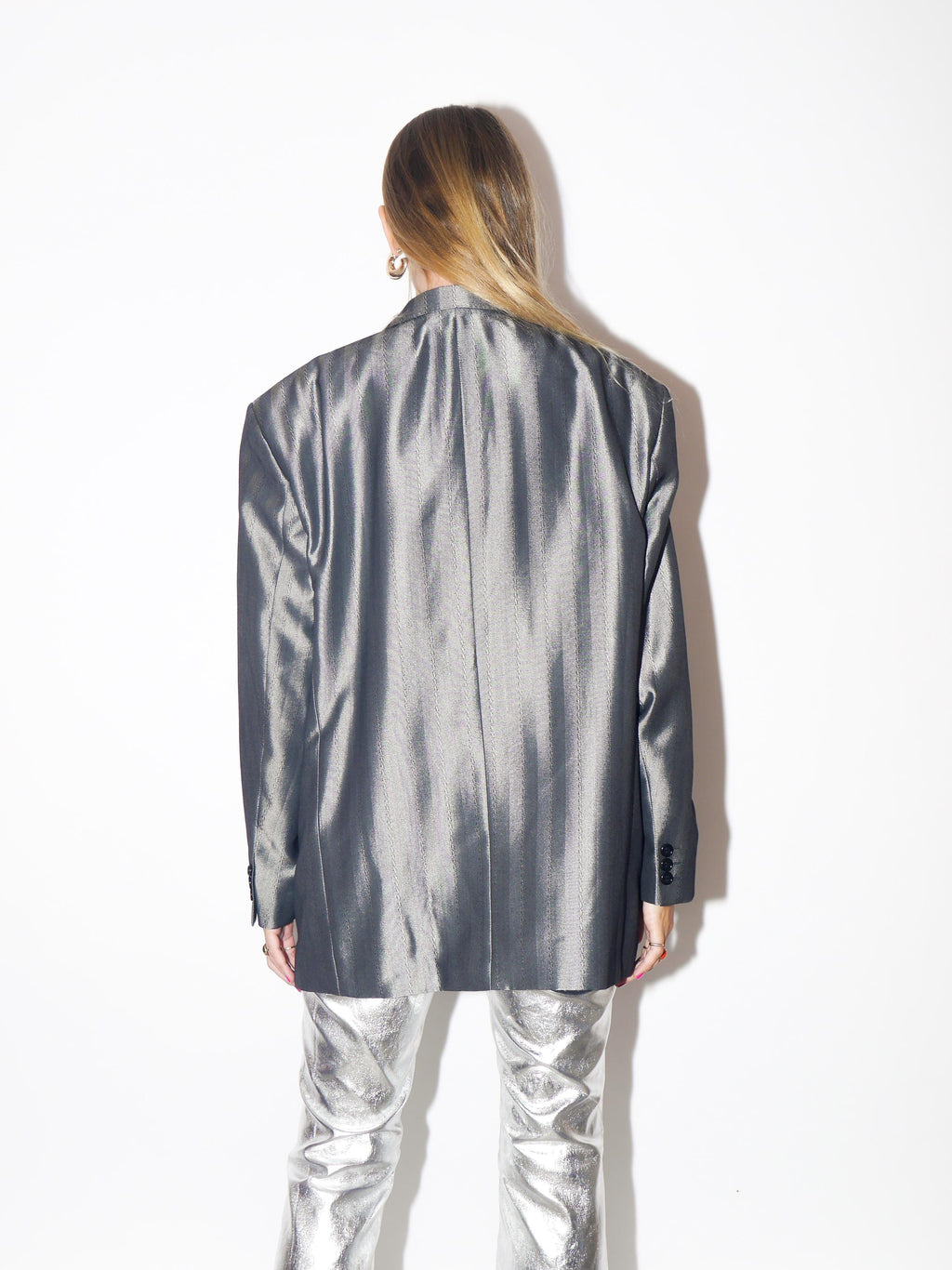VINTAGE Wool Silver Striped Oversized Double Breasted Blazer With Shoulder Pads From The 1980s By Ceremonia