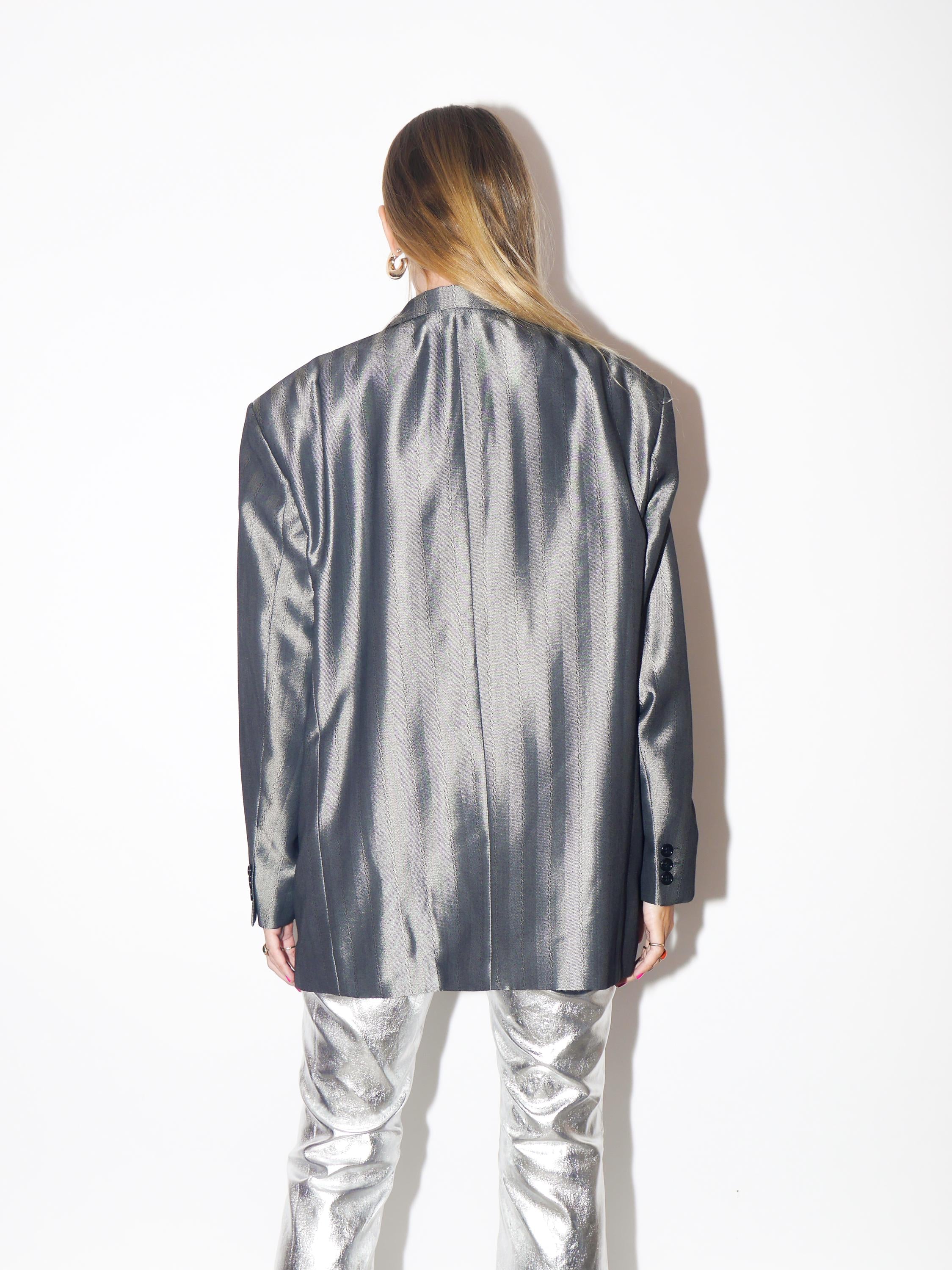 VINTAGE Wool Silver Striped Oversized Double Breasted Blazer With Shoulder Pads From The 1980s By Ceremonia