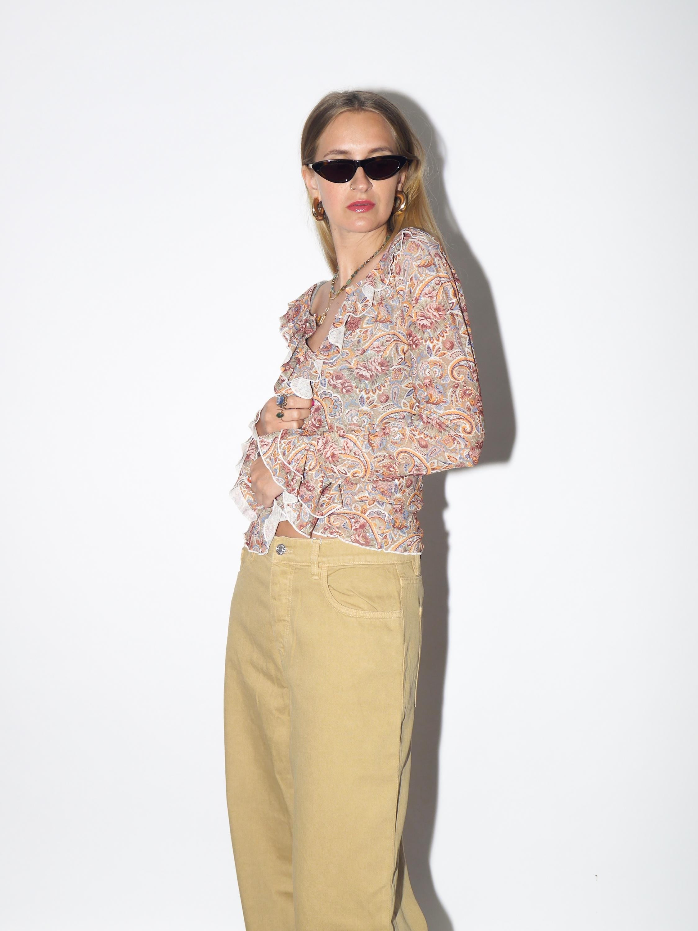 VINTAGE Boho Khaki Beige Floral Blouse With Ruffles And Metal Neckline Loops From The 1990s By Rainbow Collection
