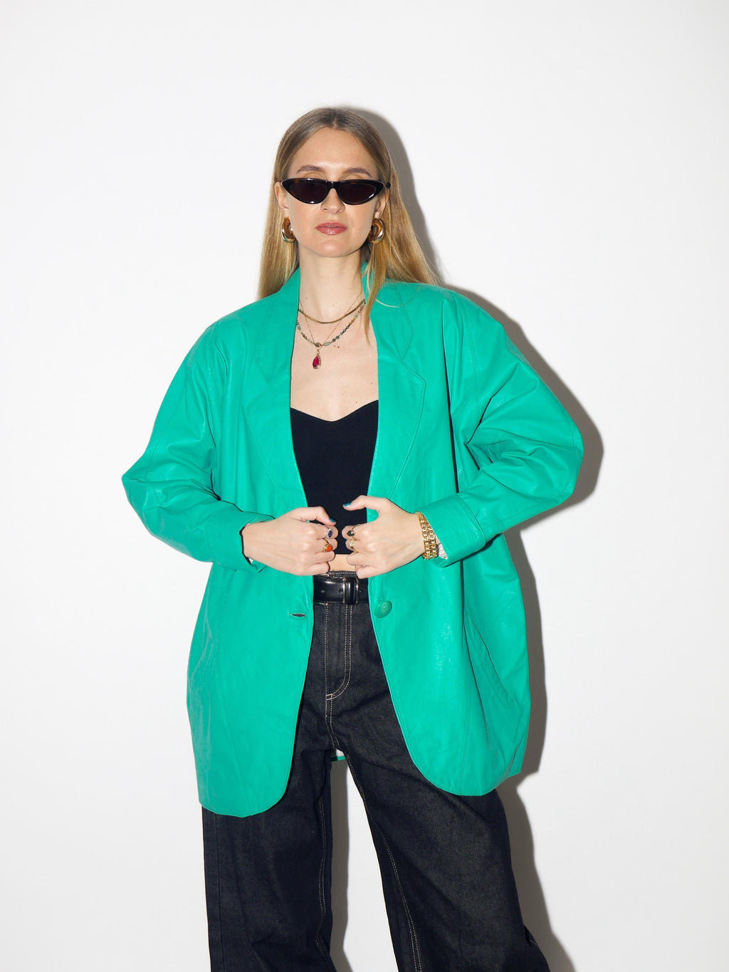 VINTAGE green leather jacket from 1980s, retro oversize green leather blazer