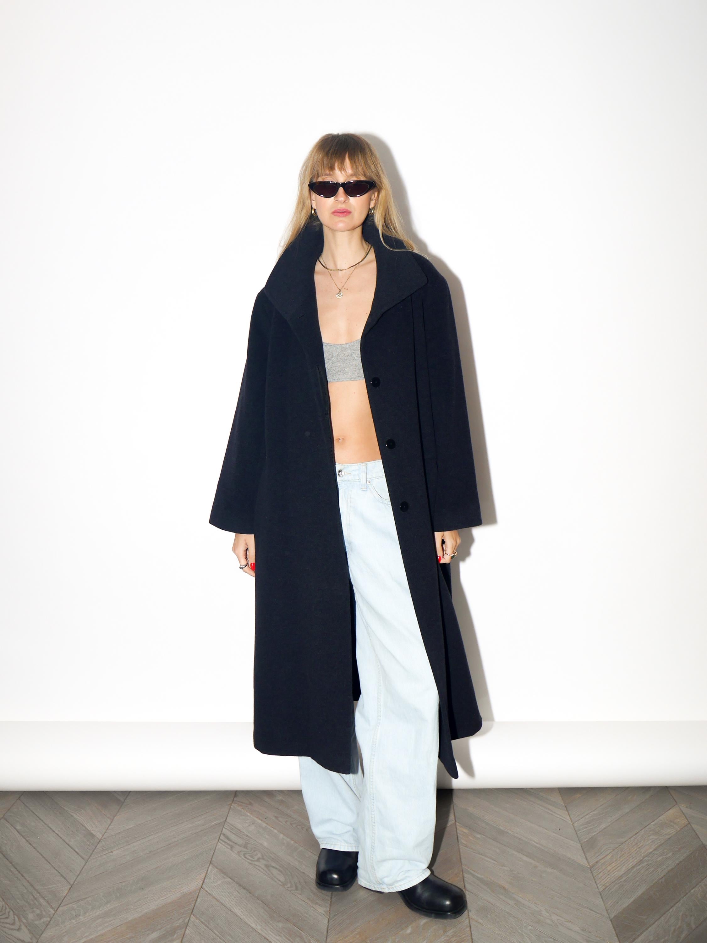 VINTAGE Black Wool And Angora Maxi Coat With Stand Collar From The 1980s By Marco Brunetti