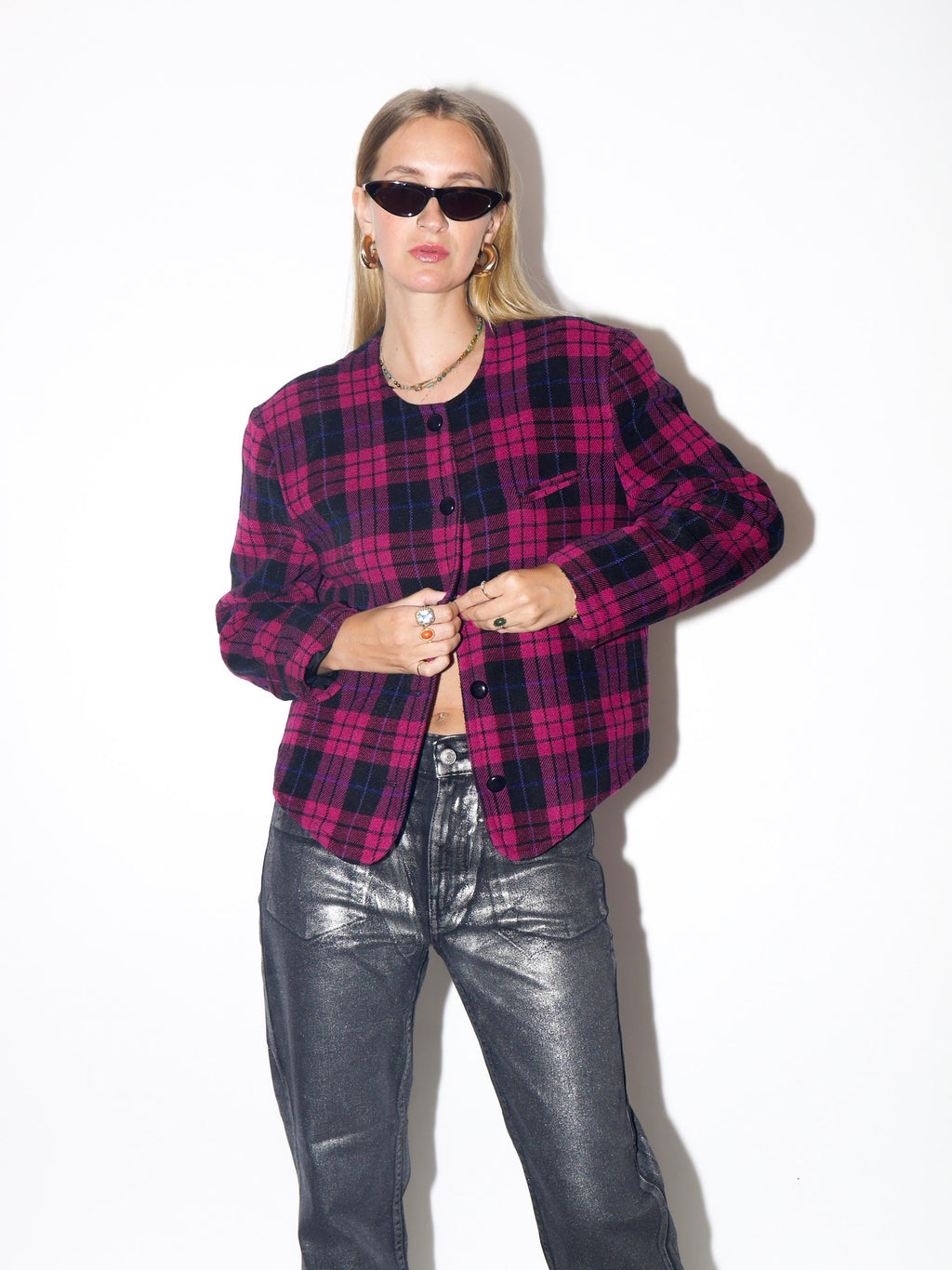 VINTAGE Wool Magenta And Black Checked Asymmetric Blazer With Shoulder Pads From The 1980s By City Design