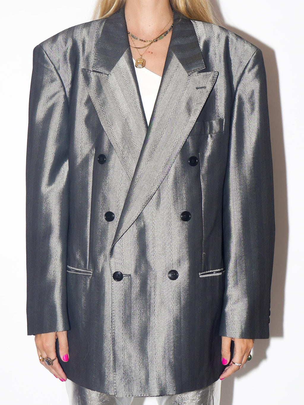VINTAGE Wool Silver Striped Oversized Double Breasted Blazer With Shoulder Pads From The 1980s By Ceremonia