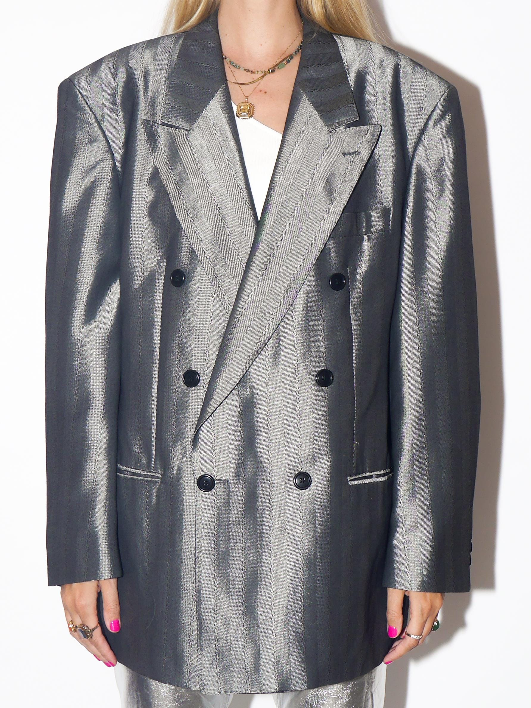 VINTAGE Wool Silver Striped Oversized Double Breasted Blazer With Shoulder Pads From The 1980s By Ceremonia