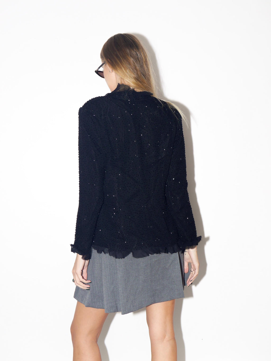 VINTAGE 100% Silk Black Beaded Ruffle Blouse From The 1980s By Murek Fashion