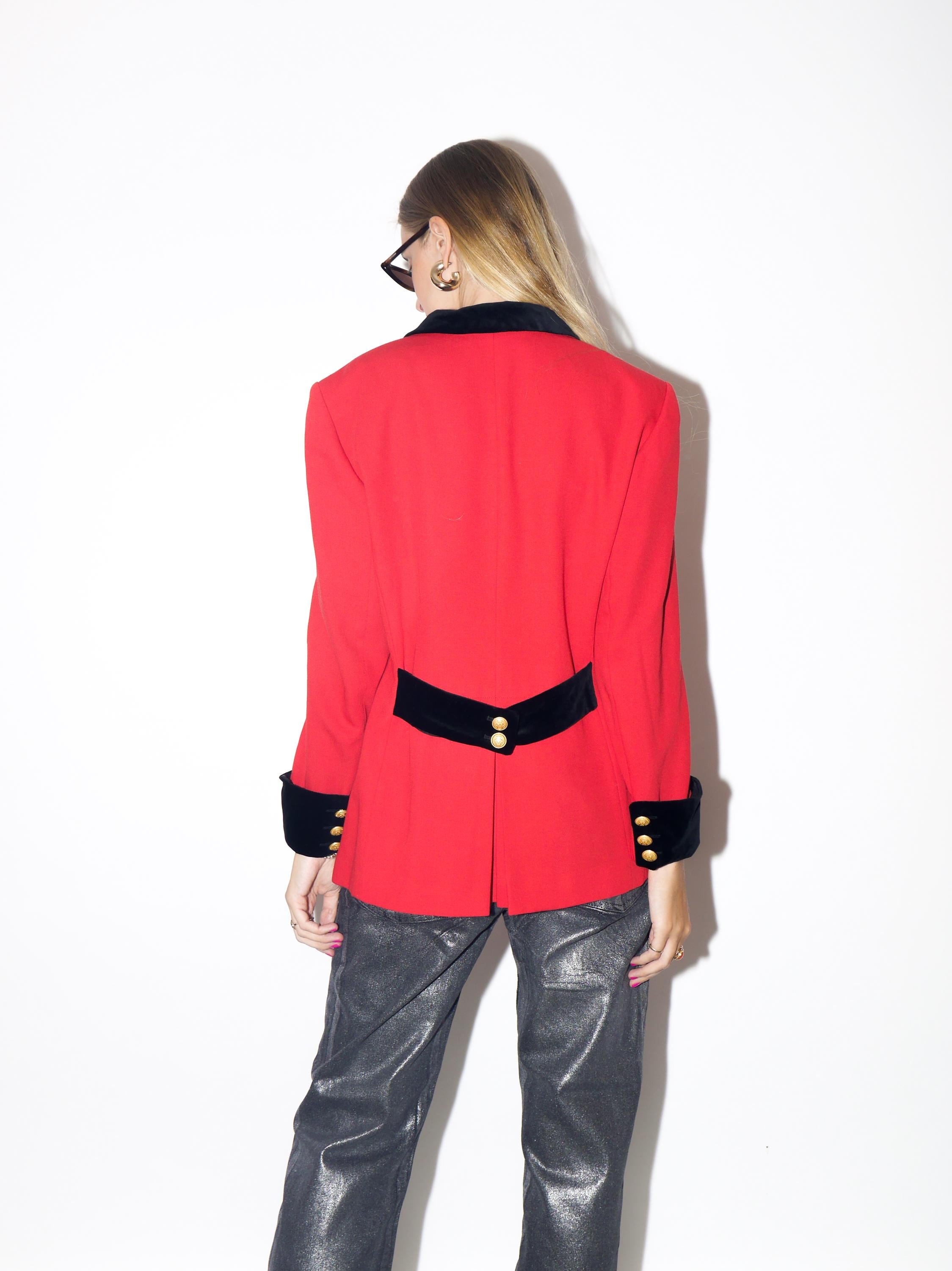 VINTAGE Wool Red Blazer With Black Velvet Cuffs And Collar And Gold Metal Buttons From The 1980s By Mondi
