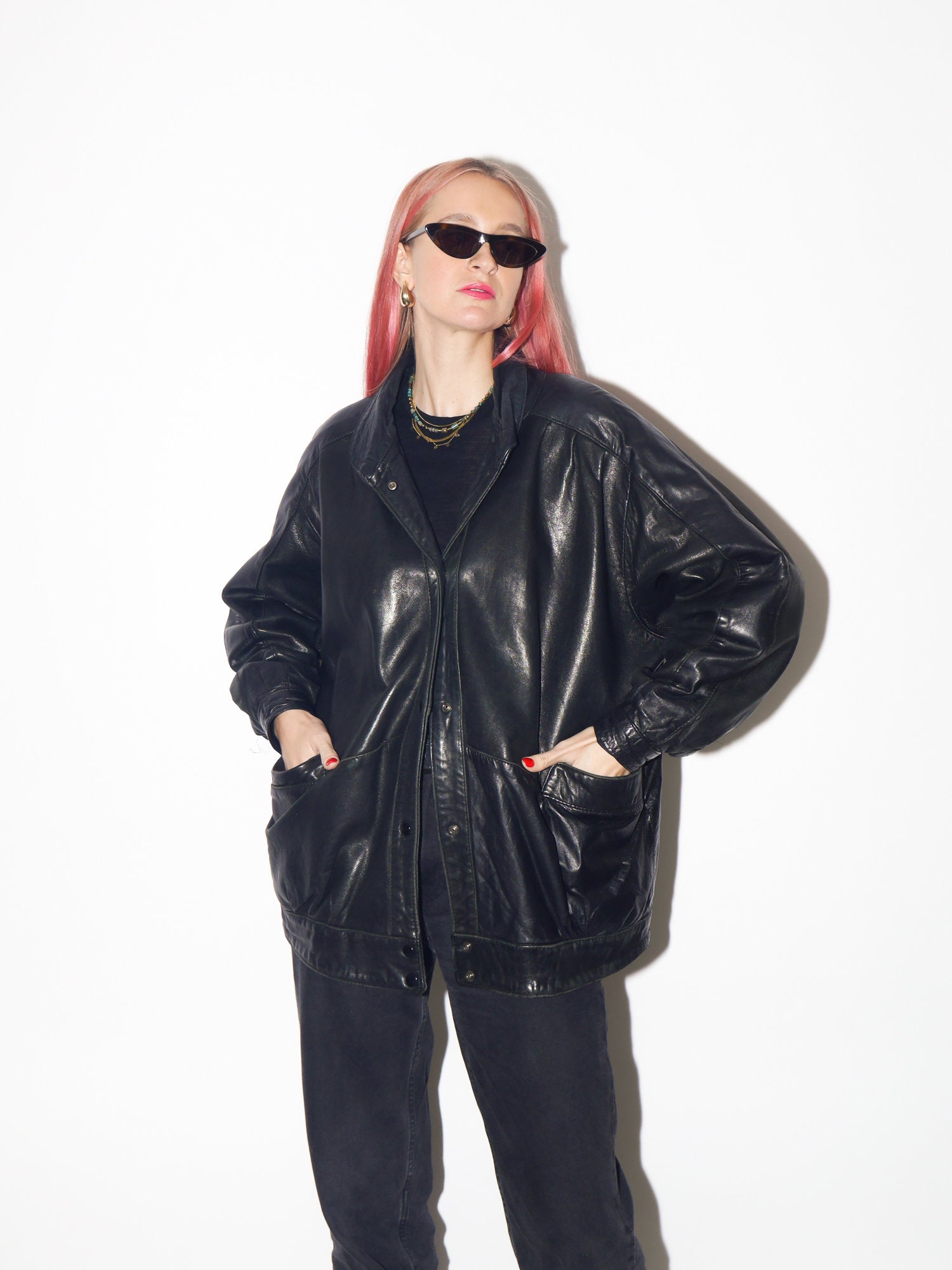 VINTAGE black leather jacket 1980s from UK | black vintage leather jacket | Hailey Bieber leather jacket | retro jacket | oversize jacket