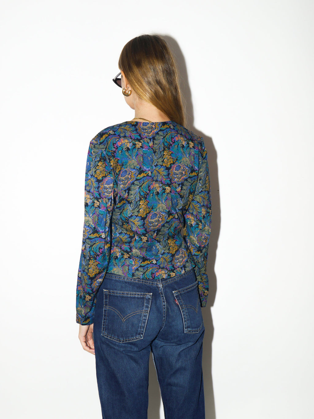 VINTAGE shirt 1980s | Topsi jacquard heart shaped neck blouse | vintage blue and yellow floral top | premium vintage blouse