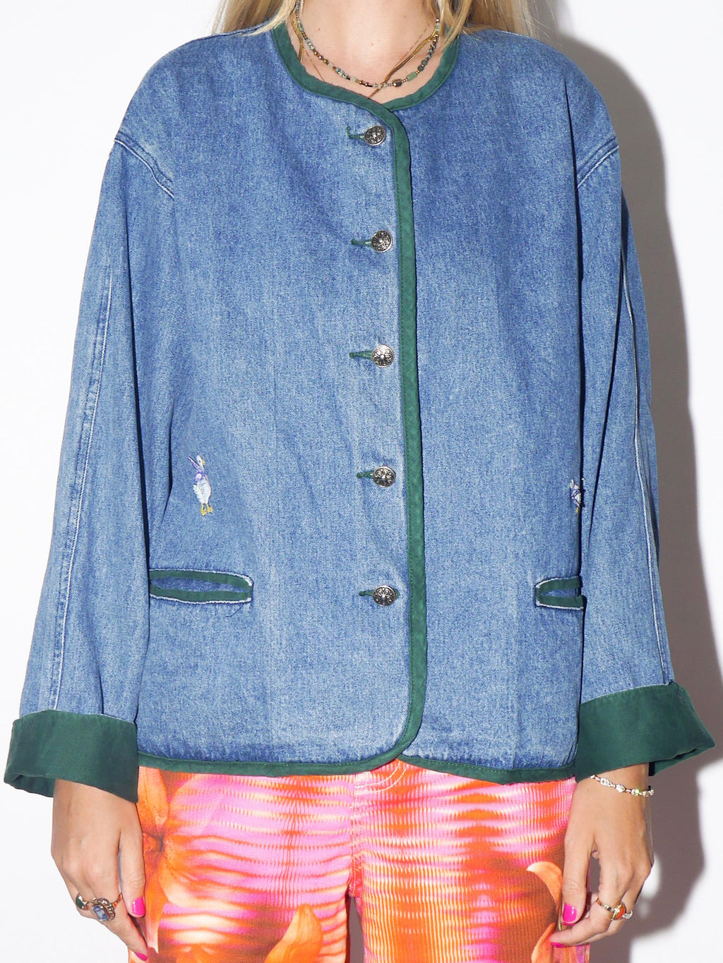 VINTAGE 100% Cotton Austrian Folk Denim Jacket With Green Details And Duck Embroidery From The 1980s By Hammerschmid