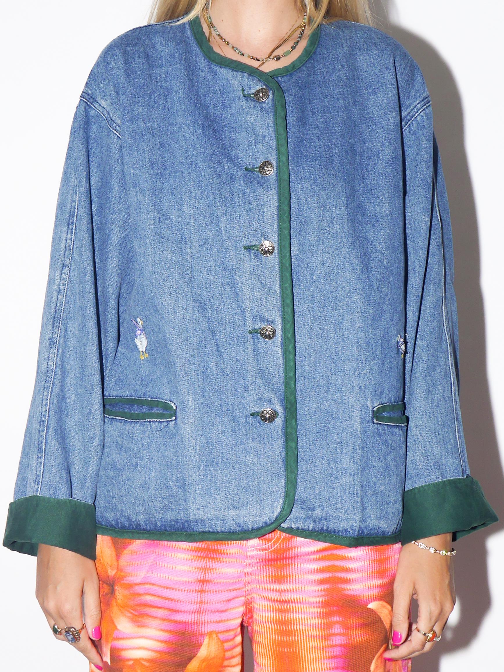 VINTAGE 100% Cotton Austrian Folk Denim Jacket With Green Details And Duck Embroidery From The 1980s By Hammerschmid