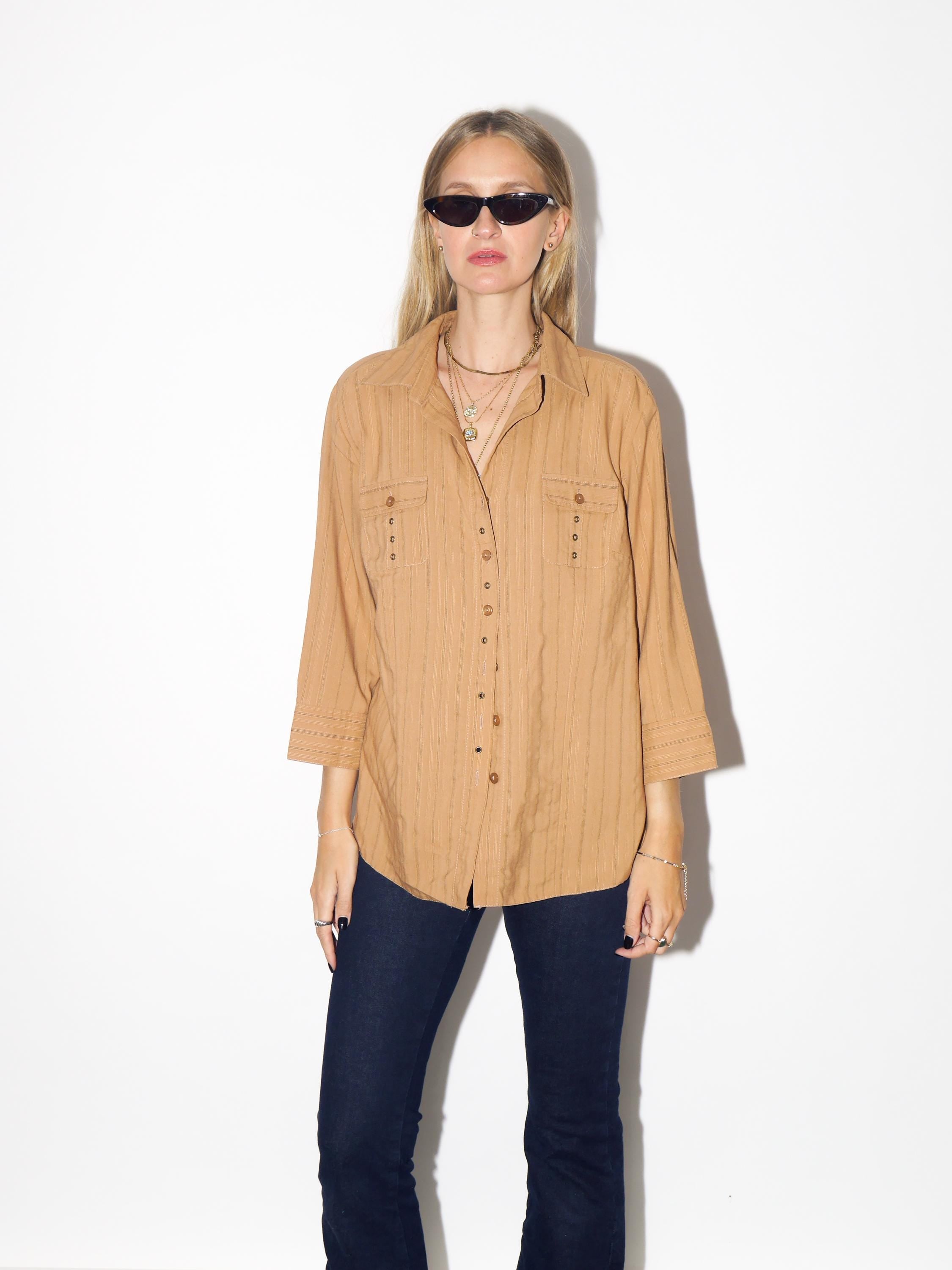 VINTAGE Brown Striped Viscose Three-Quarter Sleeve Shirt With Decorative Buttons From The 1980s