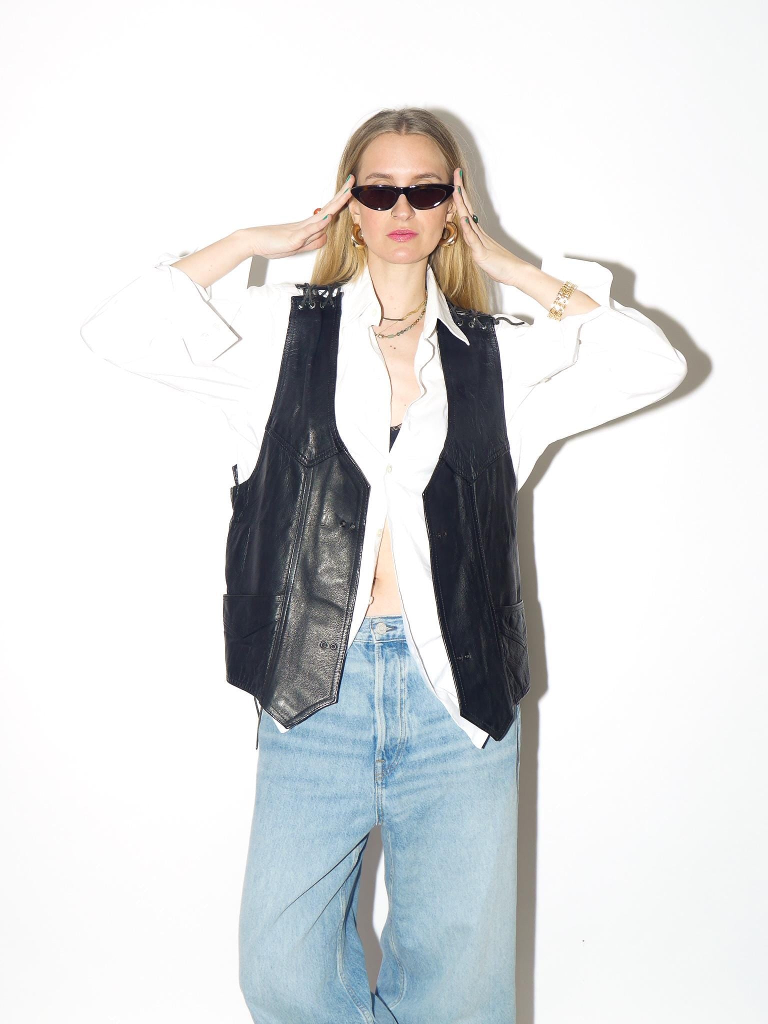 VINTAGE black leather vest from 1980s | heavy vintage motorcycle leather vest