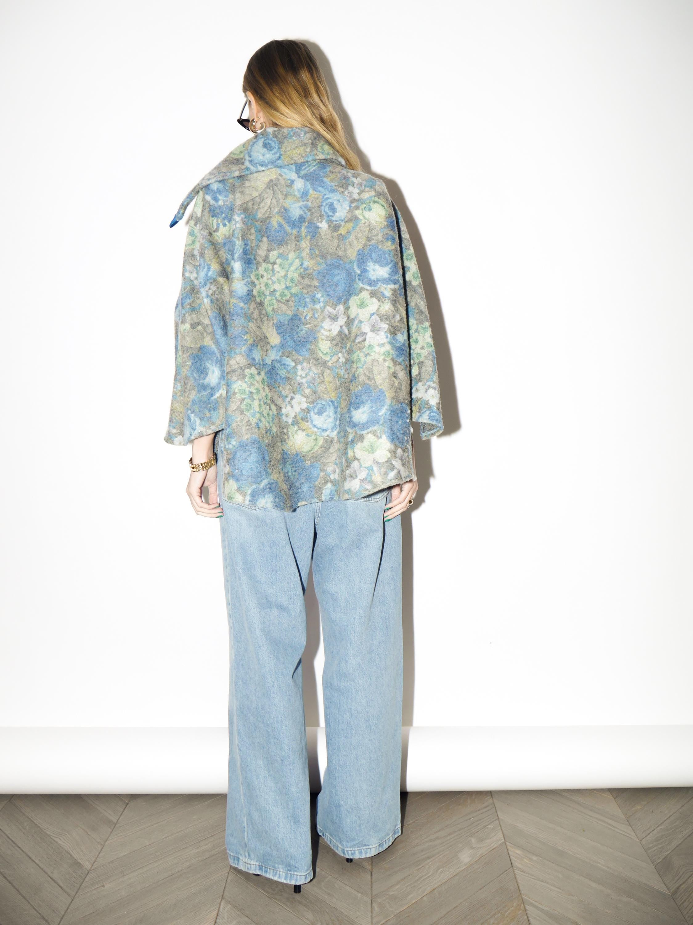 VINTAGE Blue 100% Wool Poncho with Floral Pattern | Handmade Warm Retro Poncho