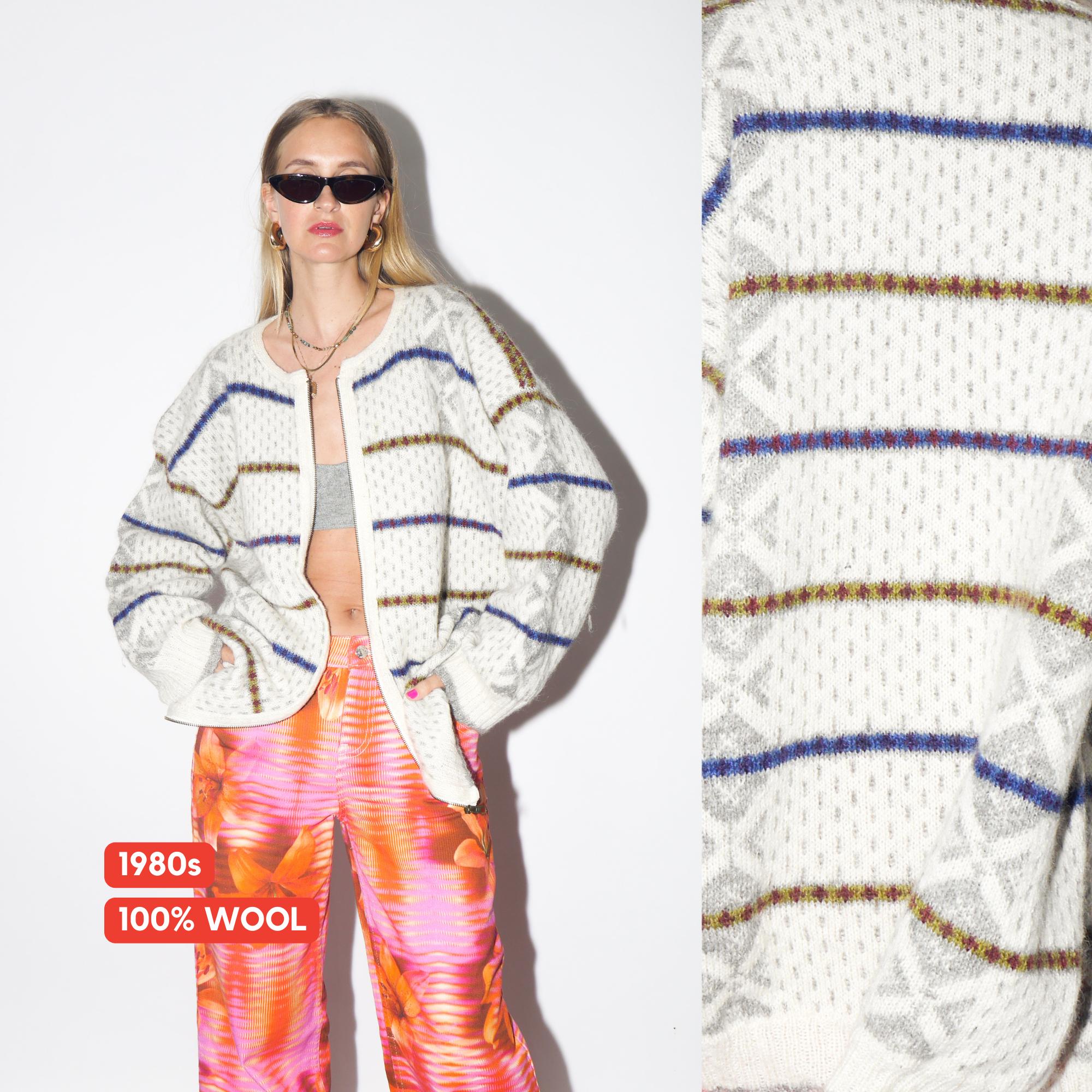 VINTAGE Handmade White Wool Long Oversized Scandinavian Sweater With Blue And Red Stripes From The 1980s