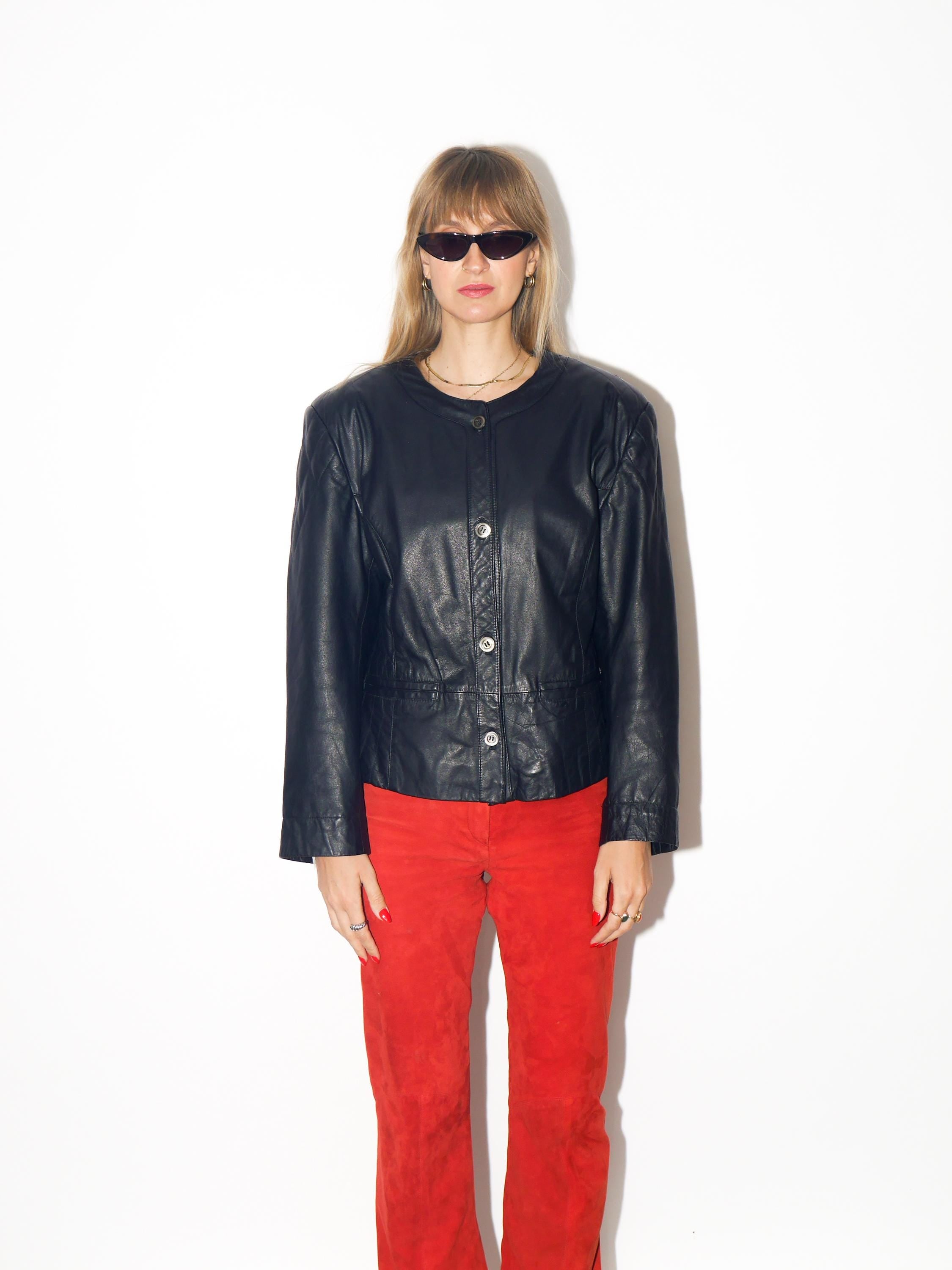 VINTAGE Black Cropped Leather Jacket With Shoulder Pads From The 1980s