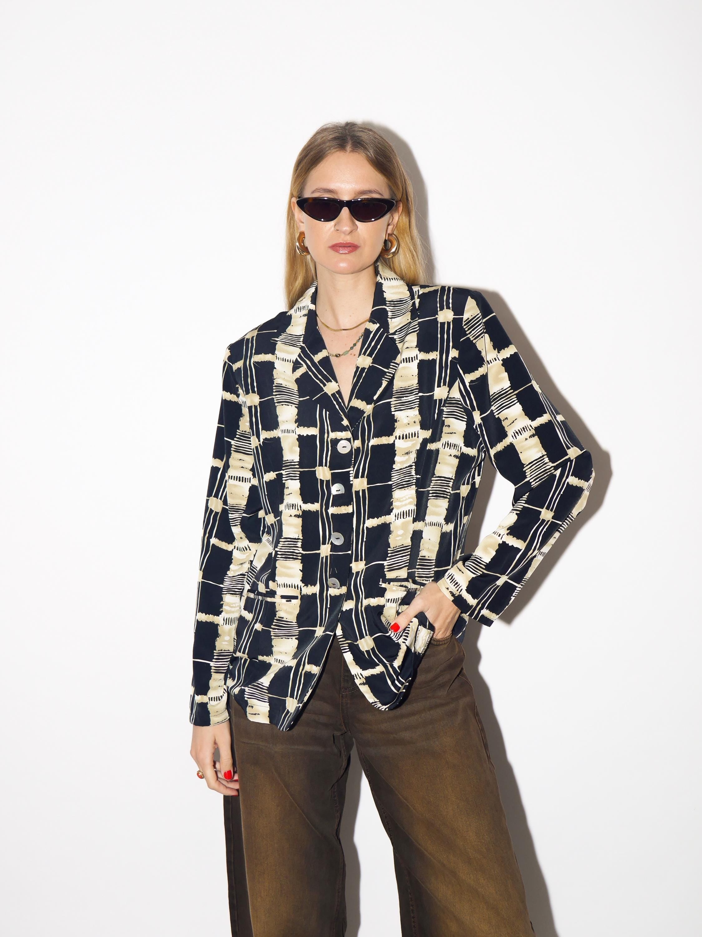 VINTAGE blazer in black and beige geometric print with shoulder pads from 1980s
