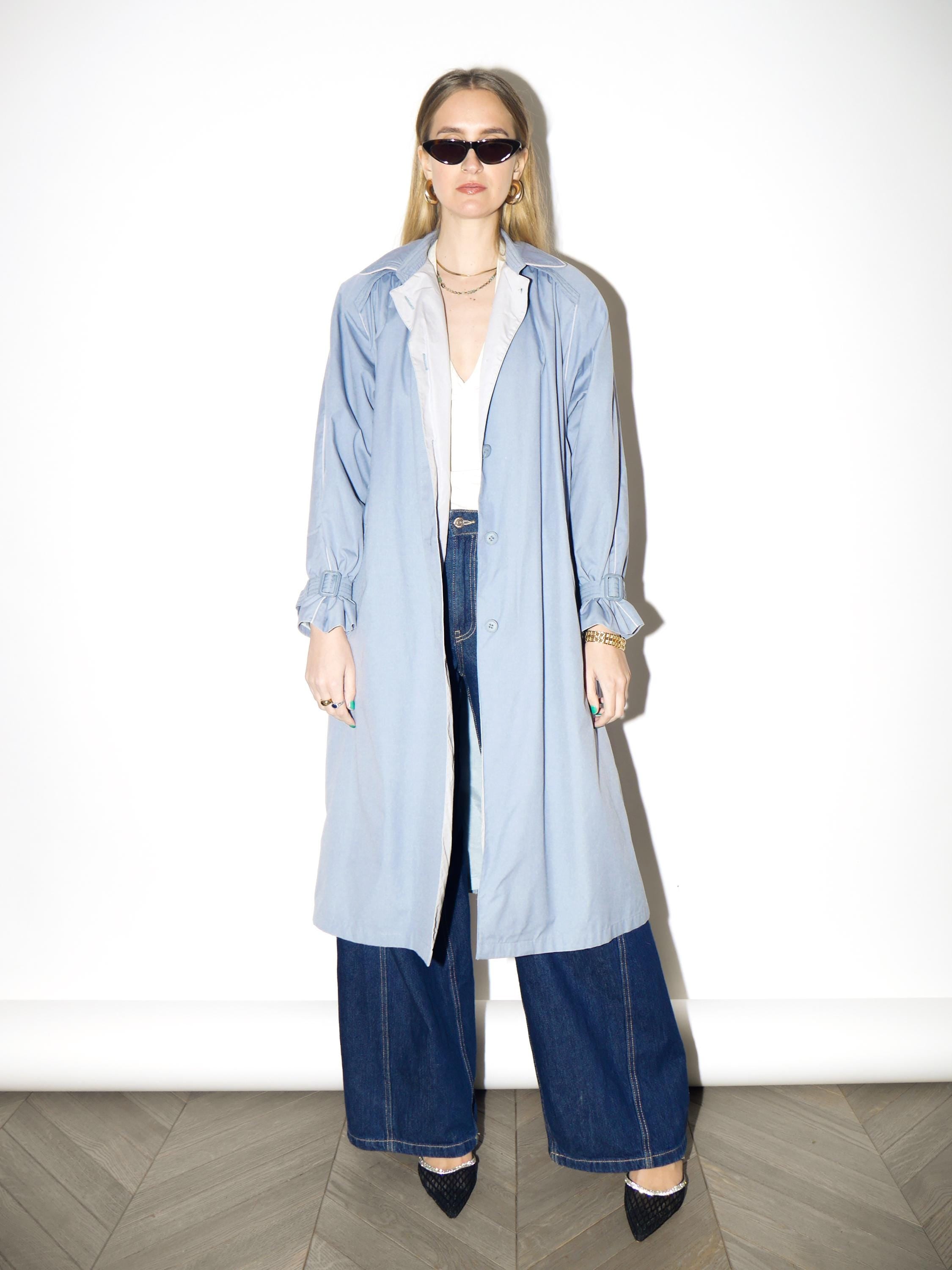 VINTAGE Baby Blue Trench Coat from 1980s | Midi Blue Cotton Trench Coat