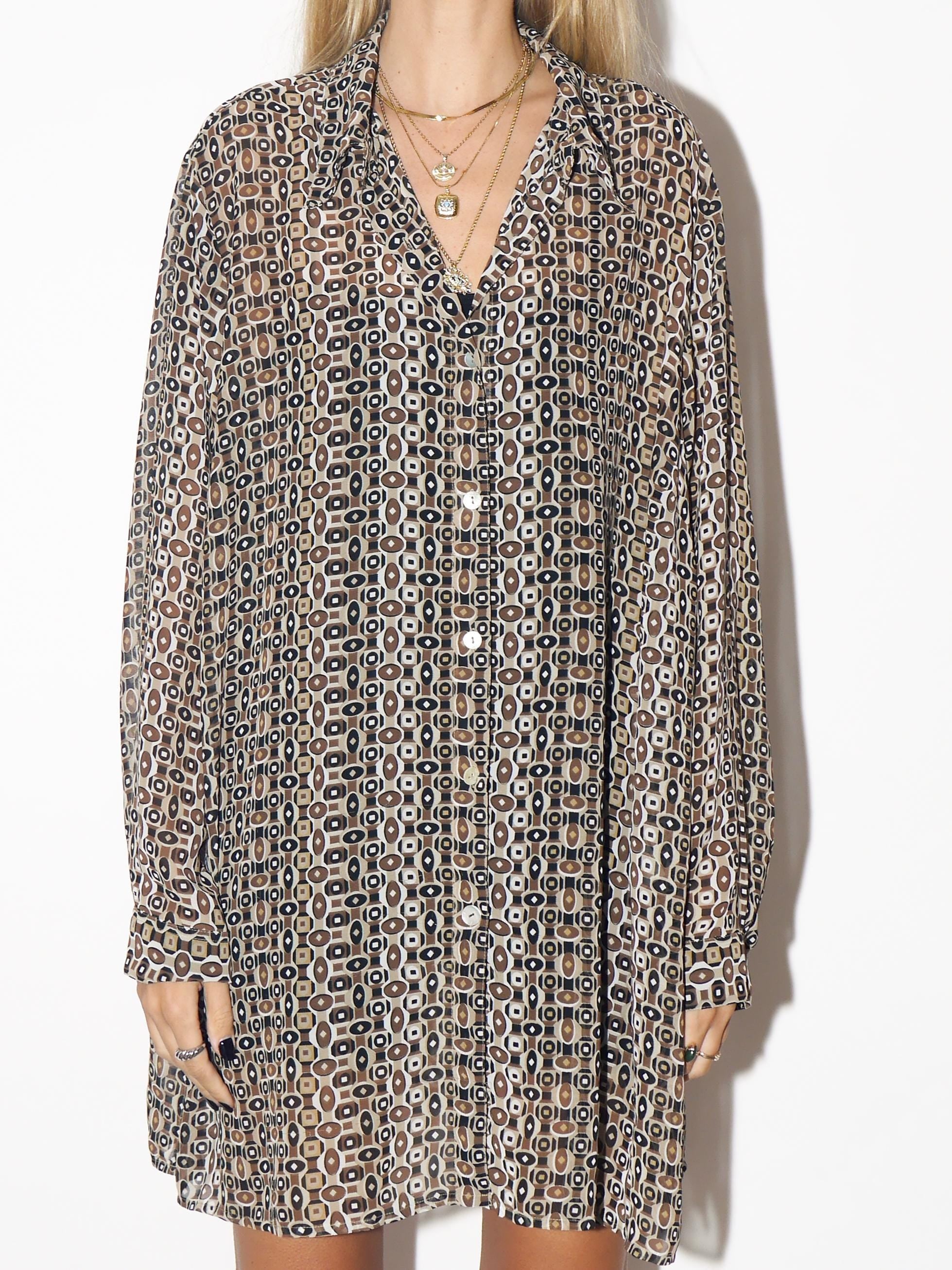 VINTAGE Beige And Brown Retro Pattern Shirt From The 1980s With Opalescent Buttons