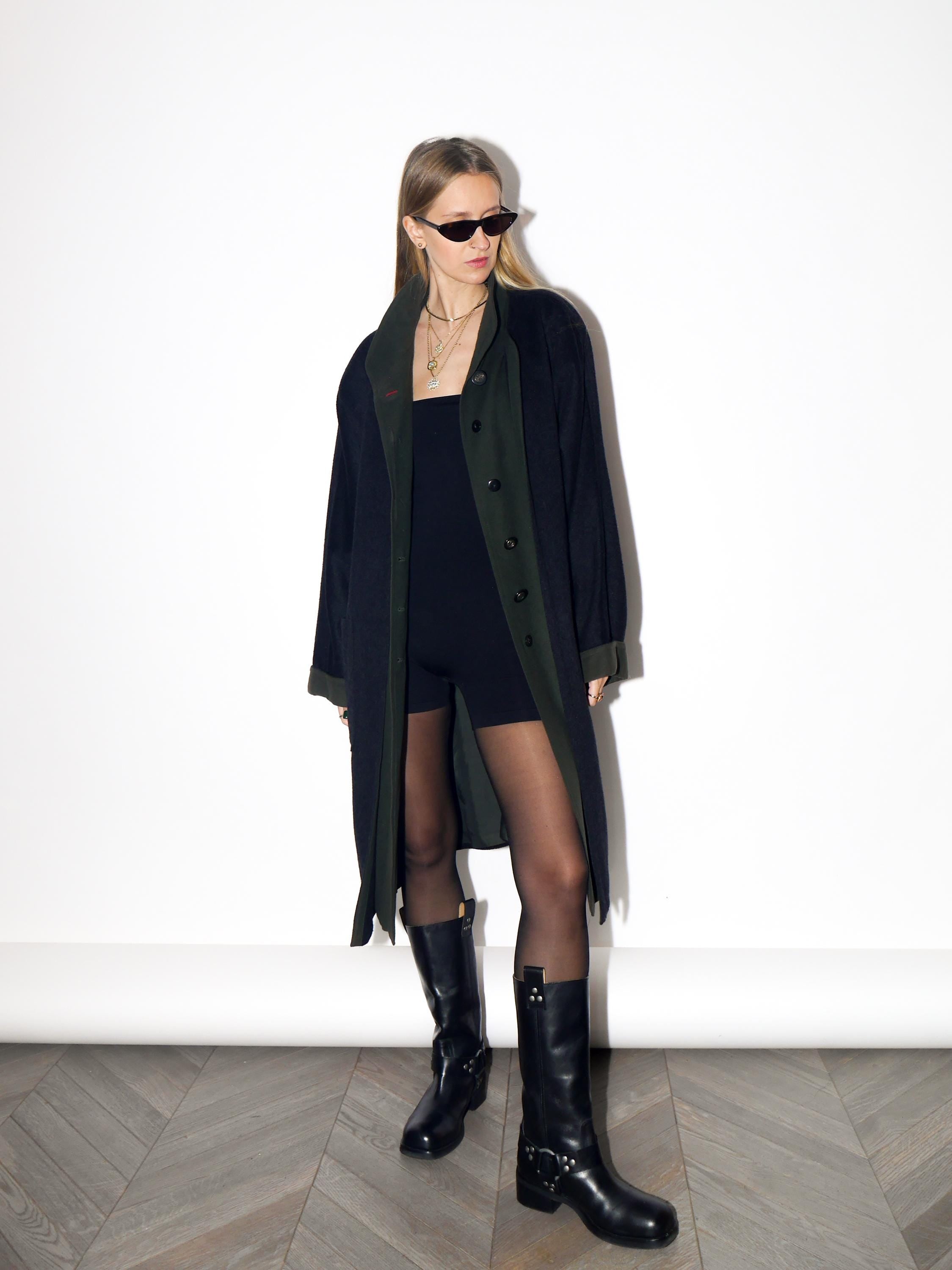 VINTAGE Dark Gray And Forest Green Wool Cashmere Oversized Coat From The 1980s