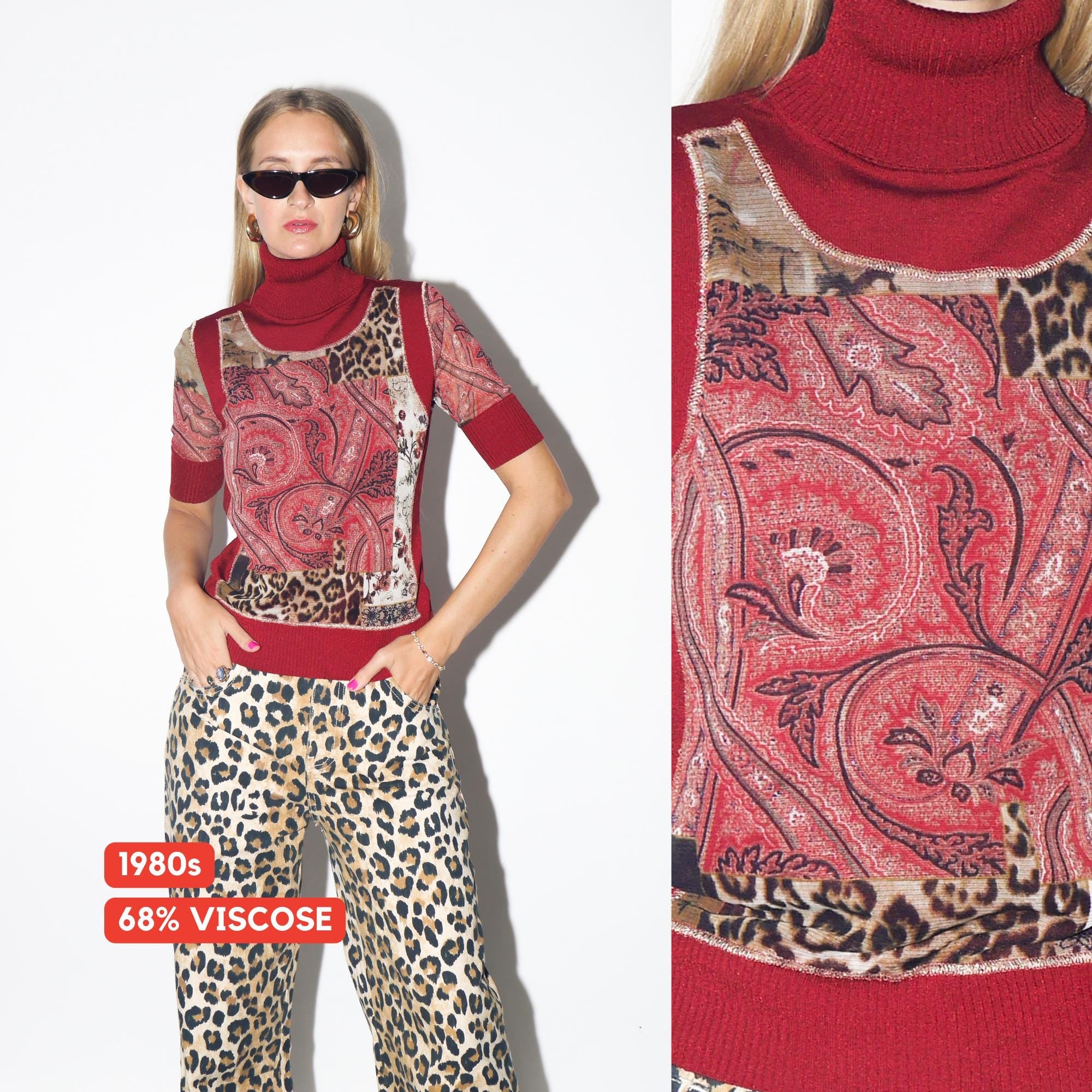 VINTAGE Deep Red Viscose Turtleneck Short Sleeve Blouse With Sheer Sleeves And Animal Print Accents From The 1980s By Betty Barclay