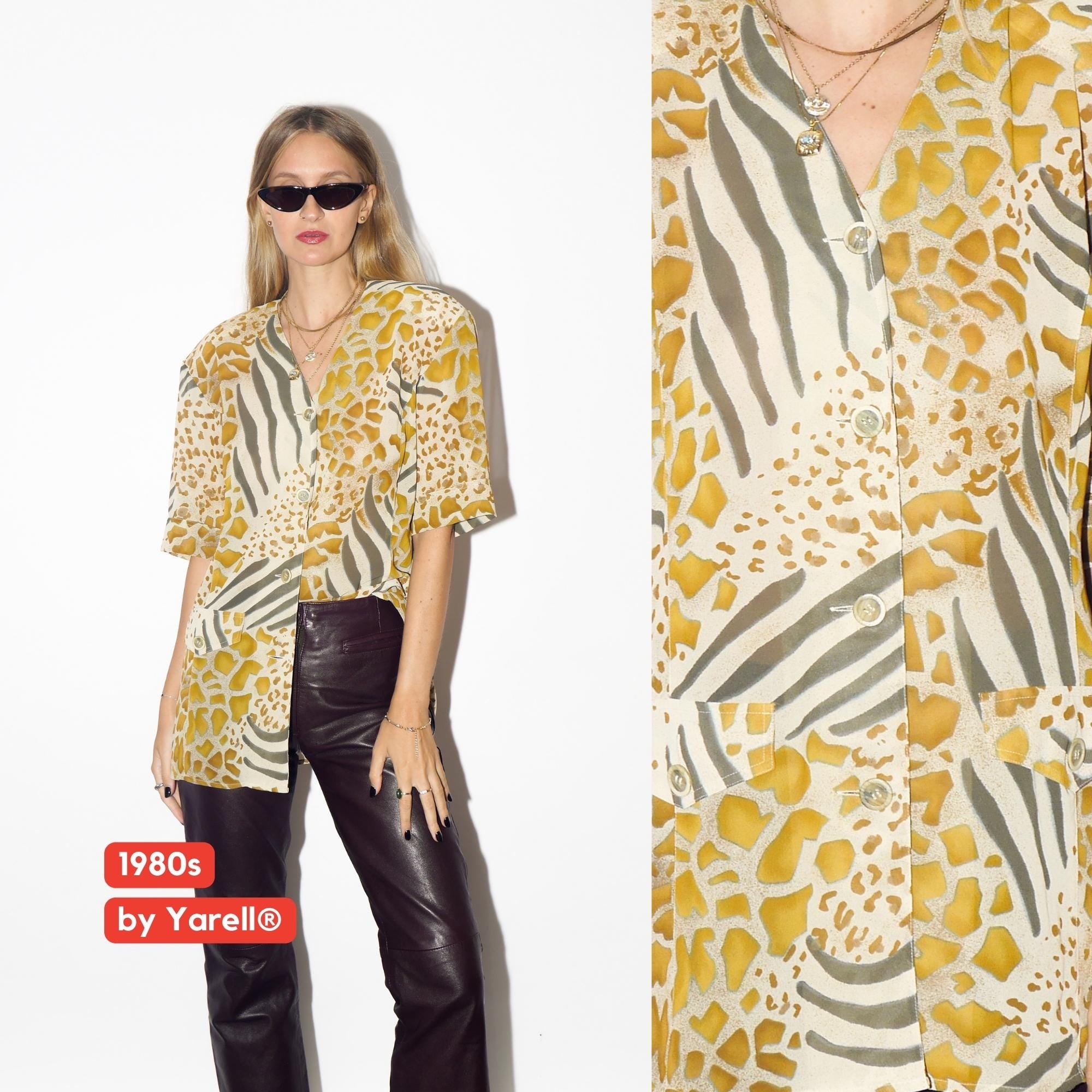 VINTAGE Cream And Mustard Animal Print Blouse From 1980s With Shoulder Pads By Yarell
