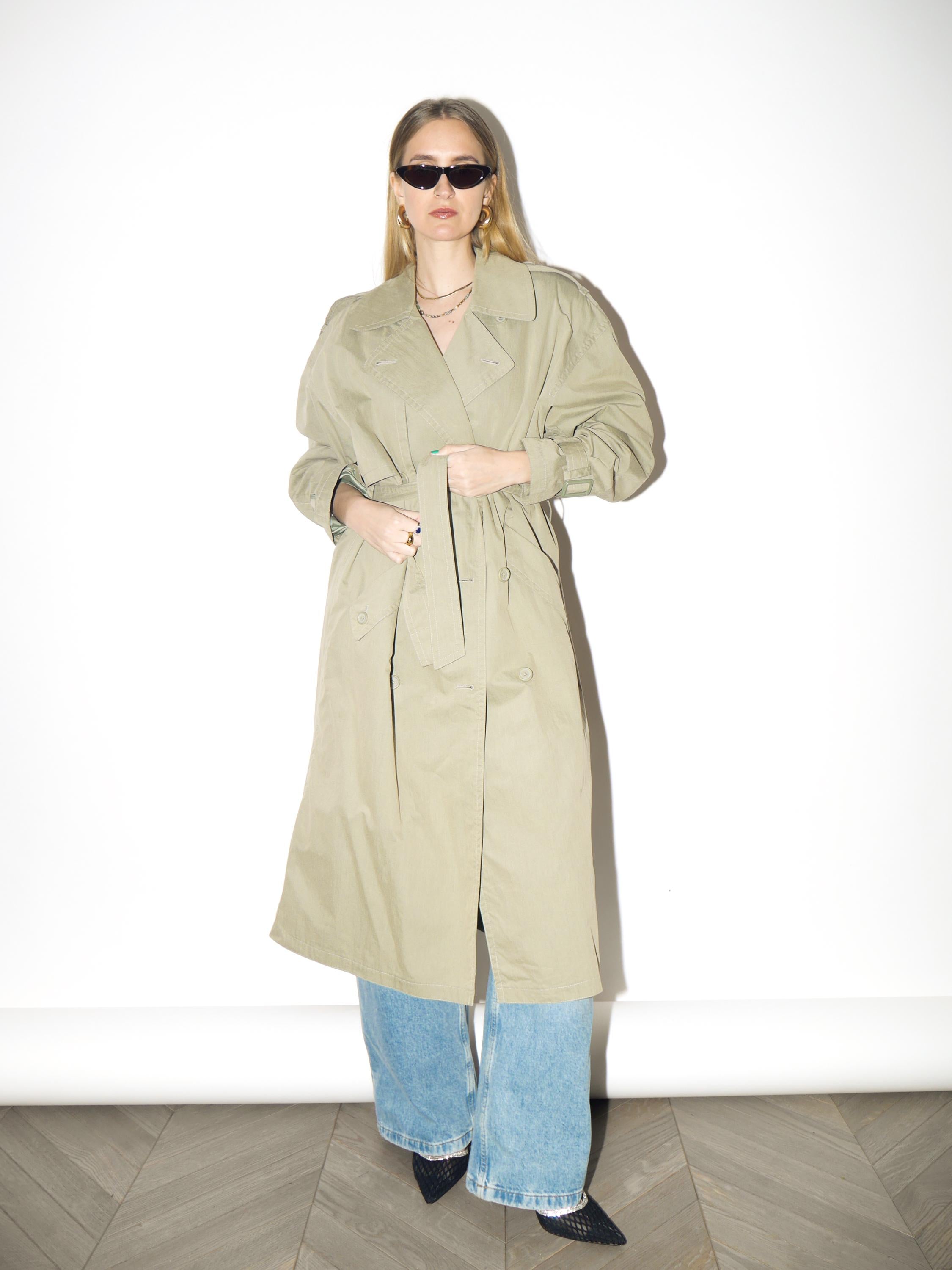 VINTAGE Khaki Maxi Trench Coat from 1980s | Oversized Cotton Trench