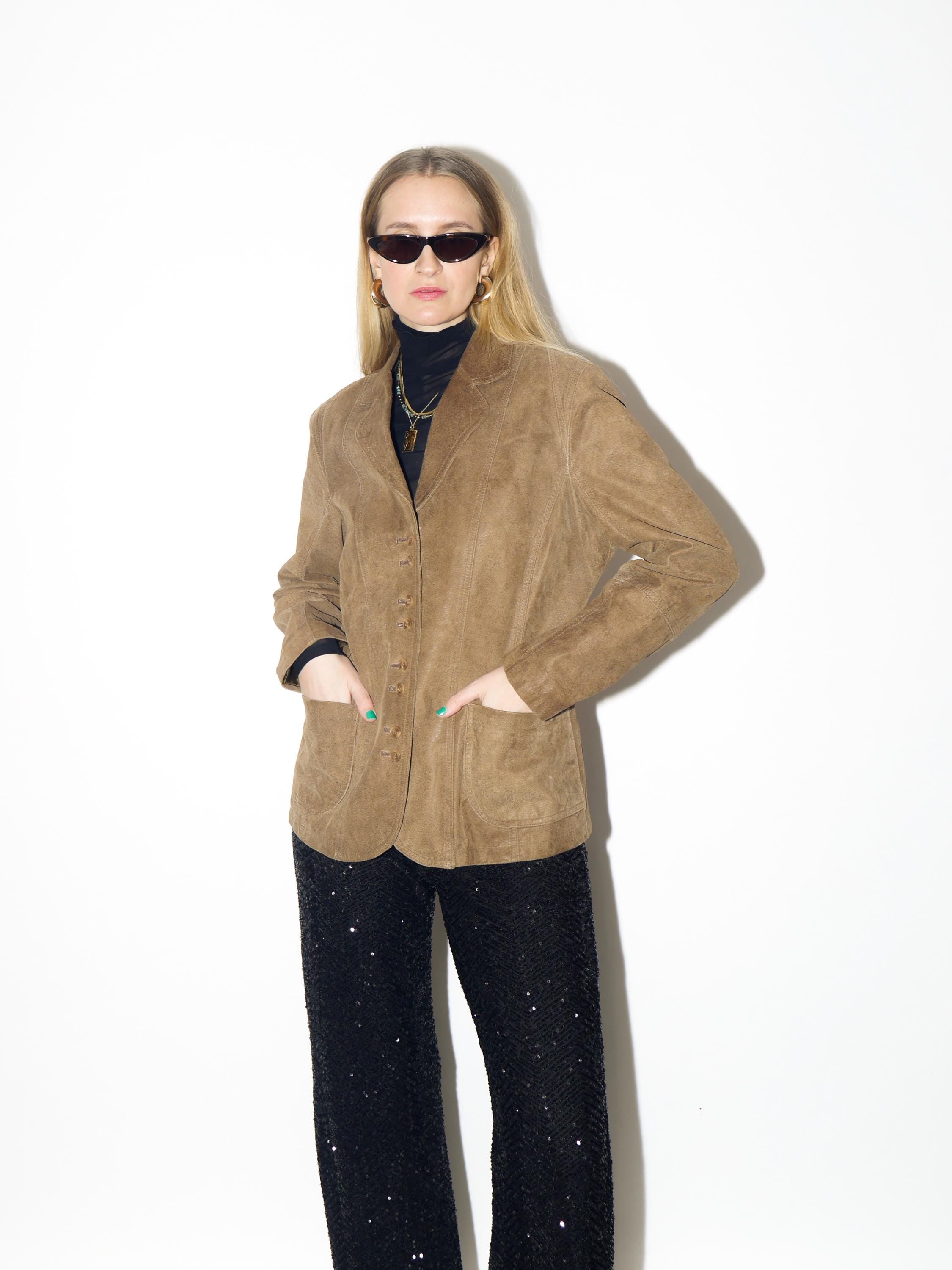 VINTAGE suede blazer from 1990s | beige suede leather jacket with embroidery