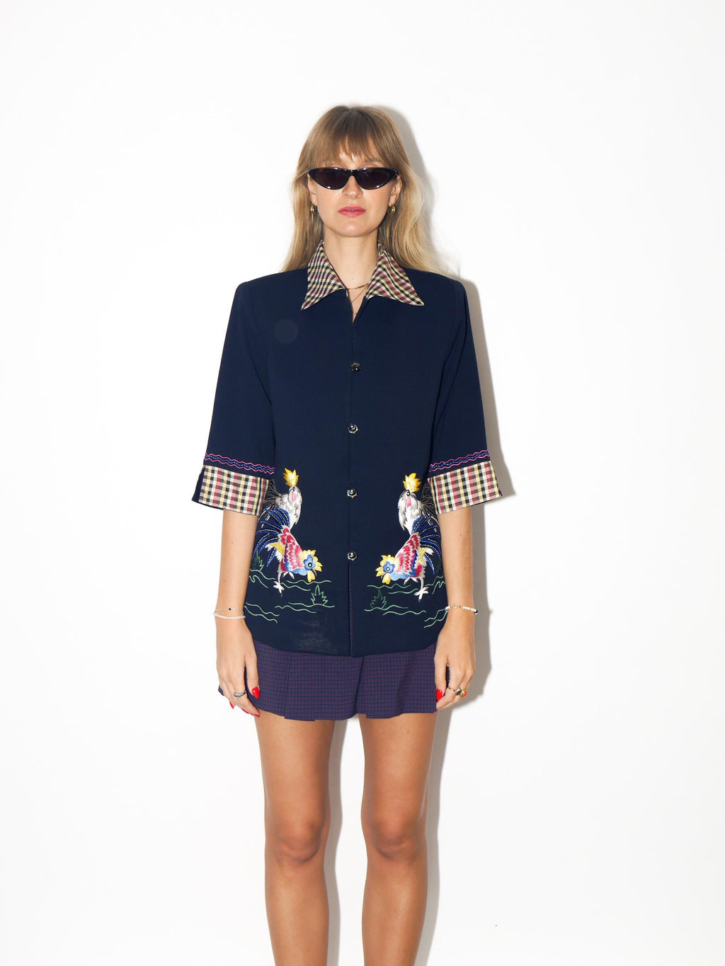 VINTAGE Dark Navy Embroidered Blouse With Rooster Motif And Glitter Buttons From The 1980s