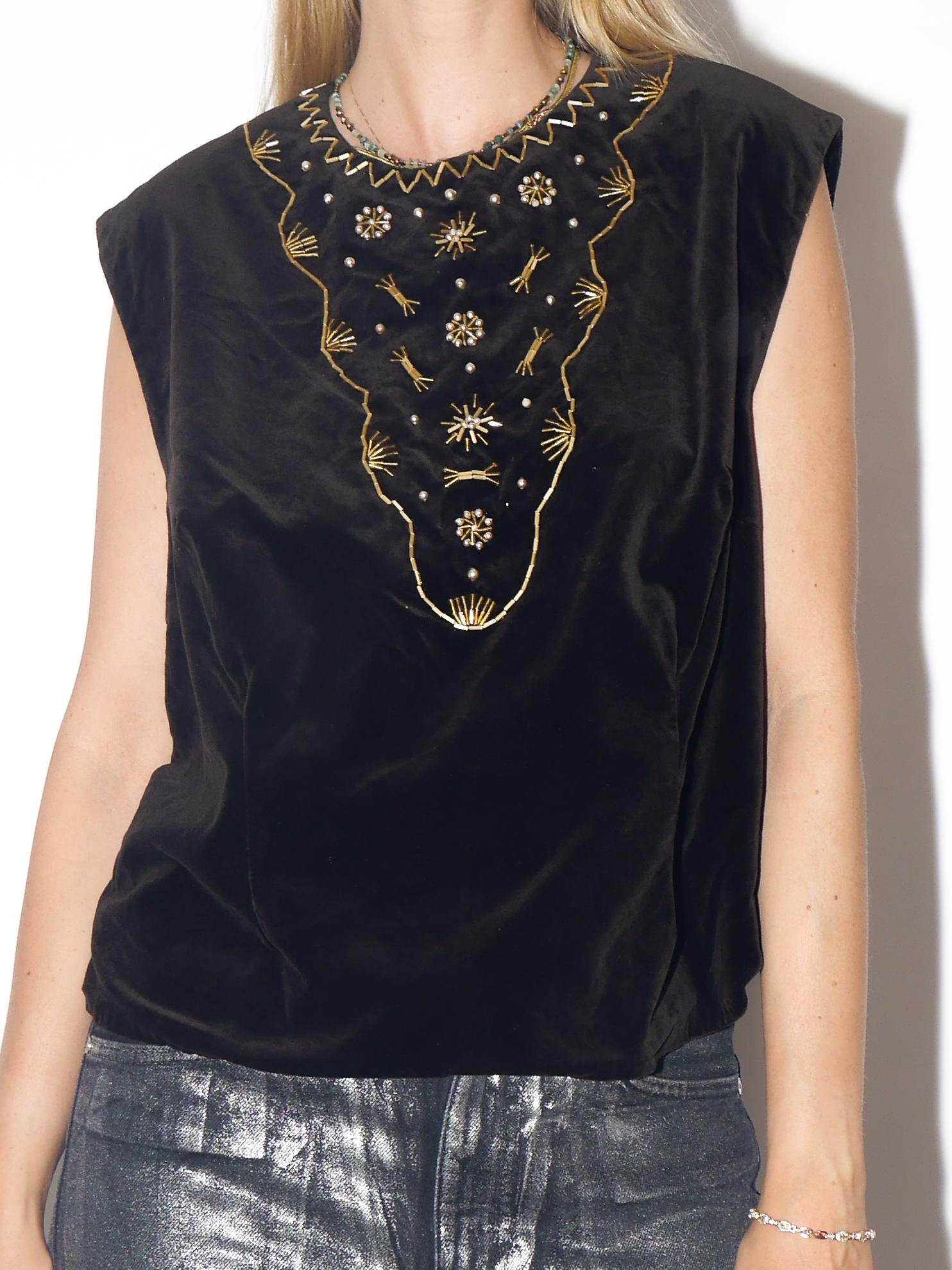 VINTAGE Handmade Velvet Brown Beaded Oversized Sleeveless Blouse Vest From The 1980s