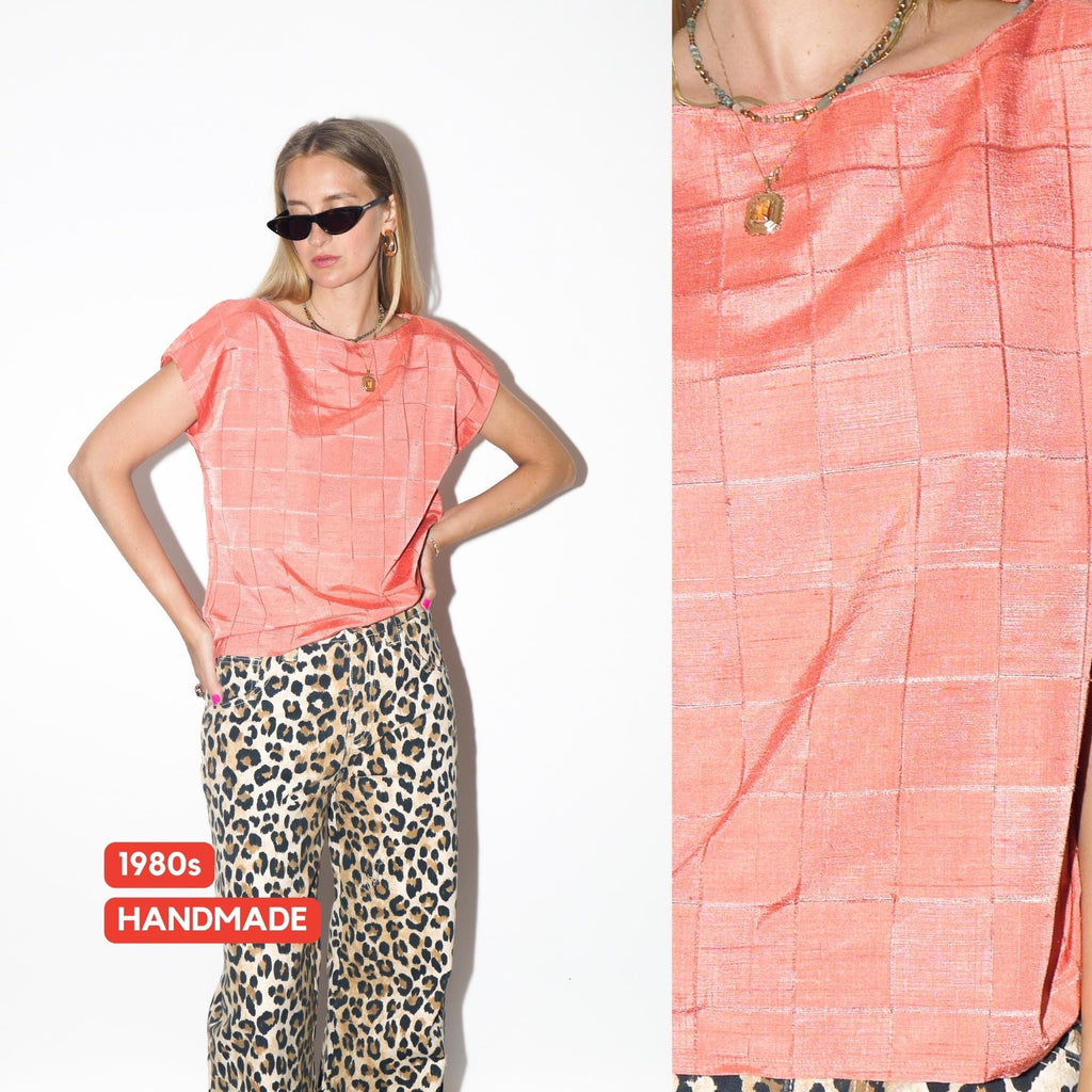 VINTAGE Handmade Apricot Boxy Short Sleeve Boat Neck Blouse With Check Pattern From The 1980s