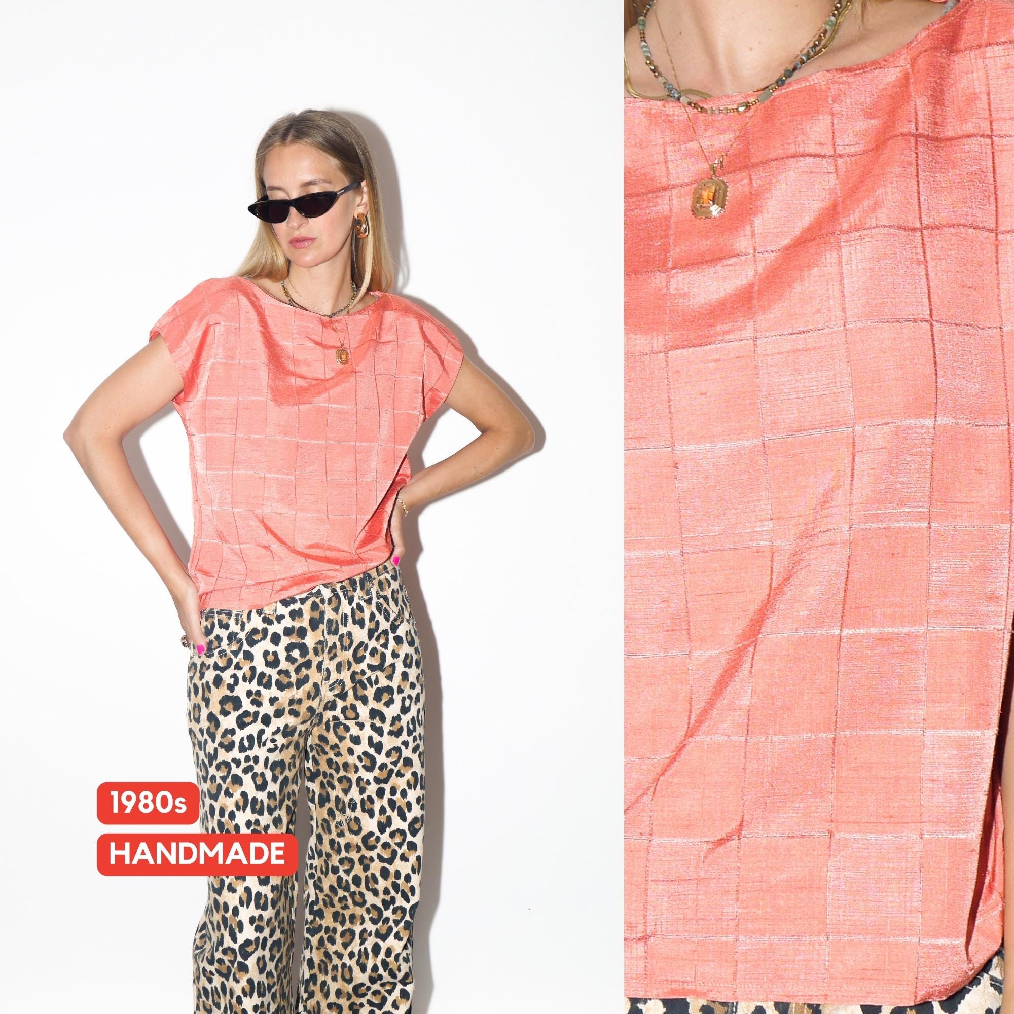 VINTAGE Handmade Apricot Boxy Short Sleeve Boat Neck Blouse With Check Pattern From The 1980s