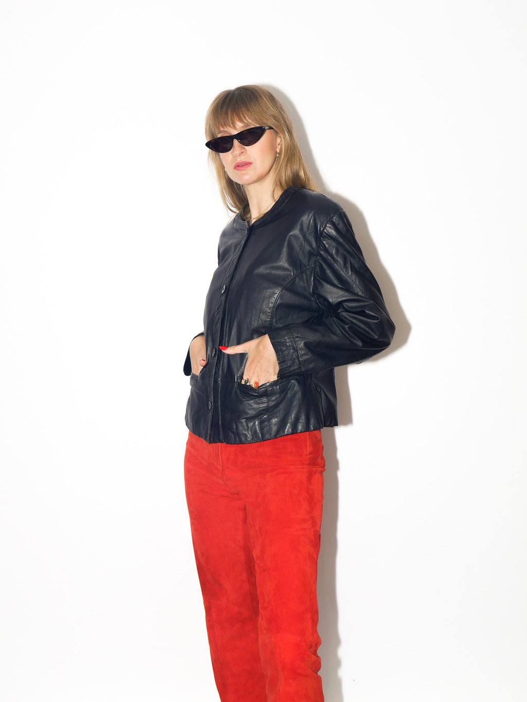 VINTAGE Black Cropped Leather Jacket With Shoulder Pads From The 1980s