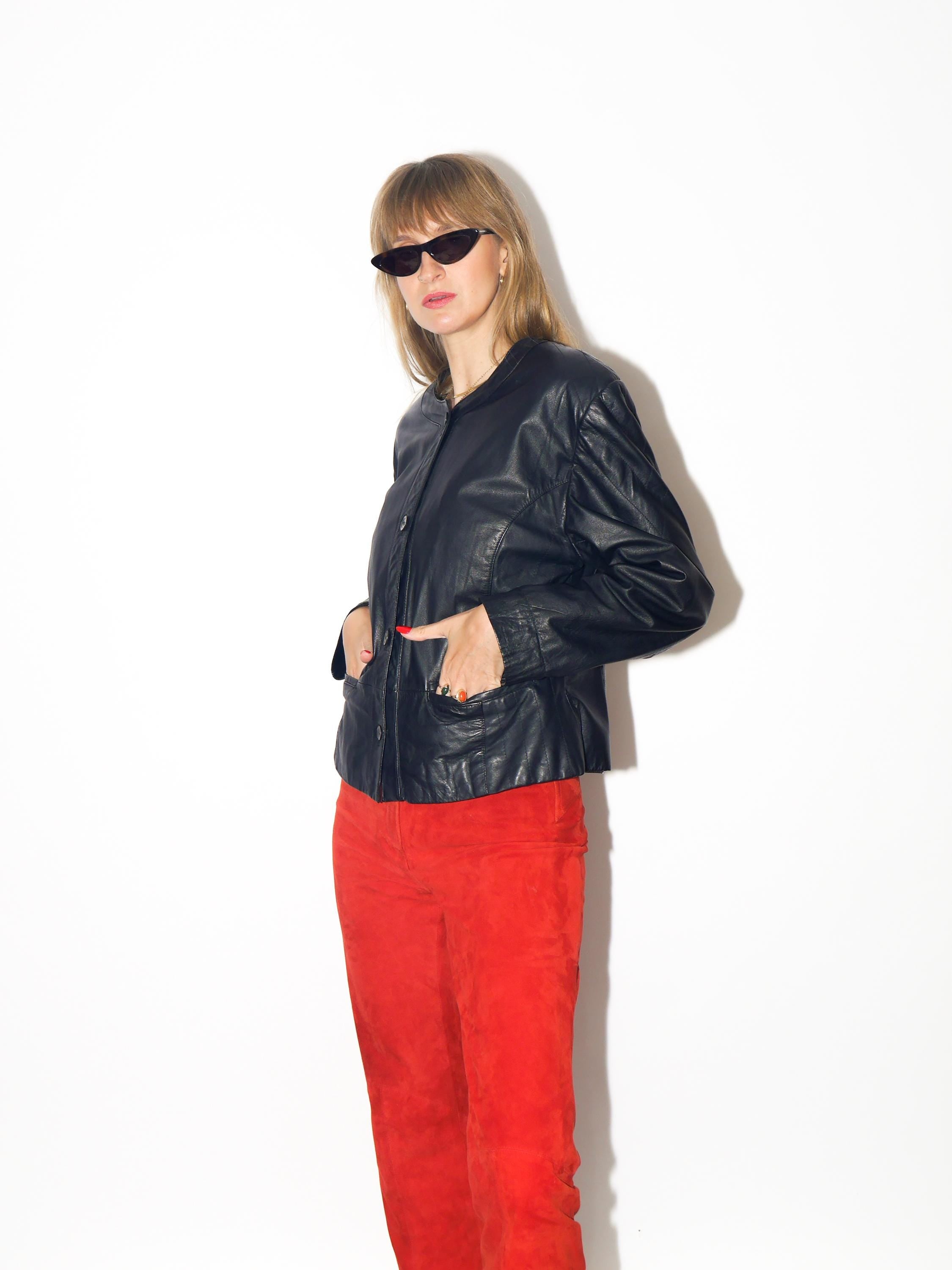 VINTAGE Black Cropped Leather Jacket With Shoulder Pads From The 1980s